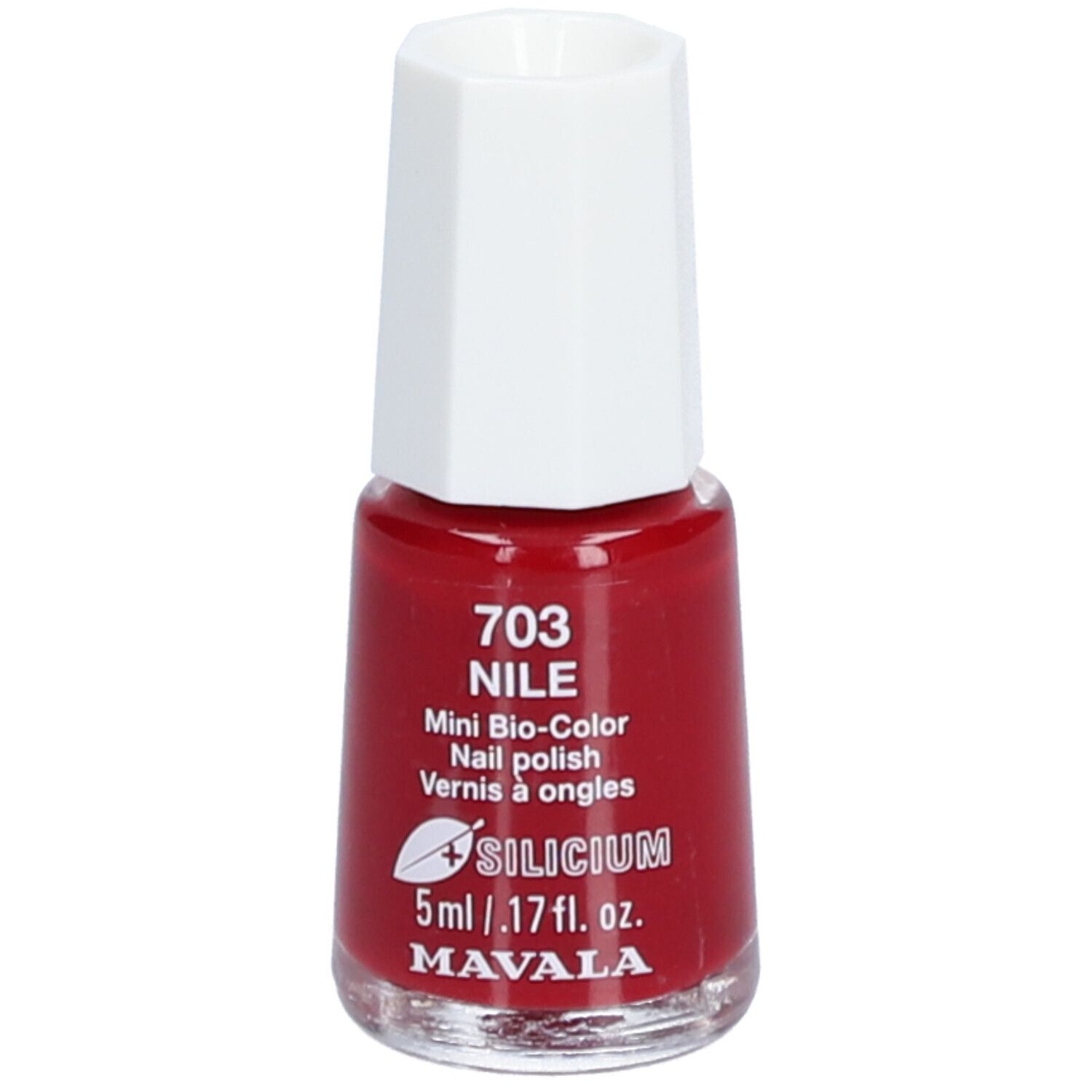 Flacon de vernis à ongles rouge avec bouchon blanc. Inscription : 703 NILE, Mini Bio-Color, 5ml, MAVALA.
