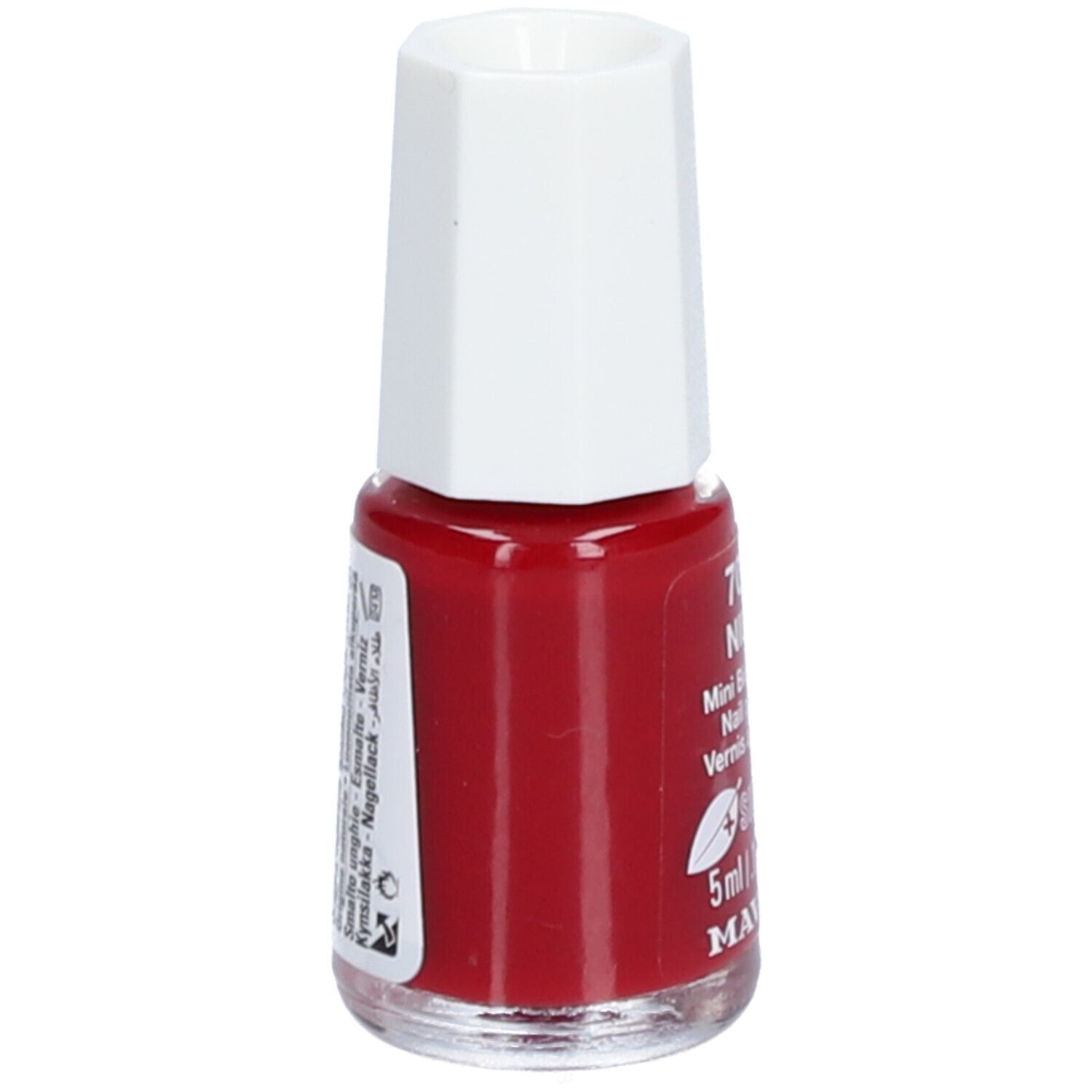 Flacon de vernis à ongles rouge avec bouchon blanc. Inscription : 703 NILE, Mini Bio-Color, 5ml, MAVALA. Texte au dos.