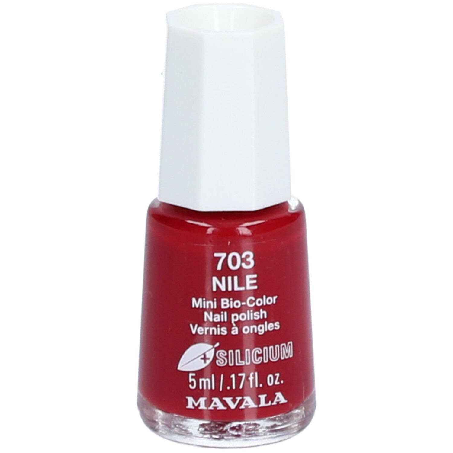 Flacon de vernis à ongles rouge avec bouchon blanc. Inscription : 703 NILE, Mini Bio-Color, 5ml, MAVALA.