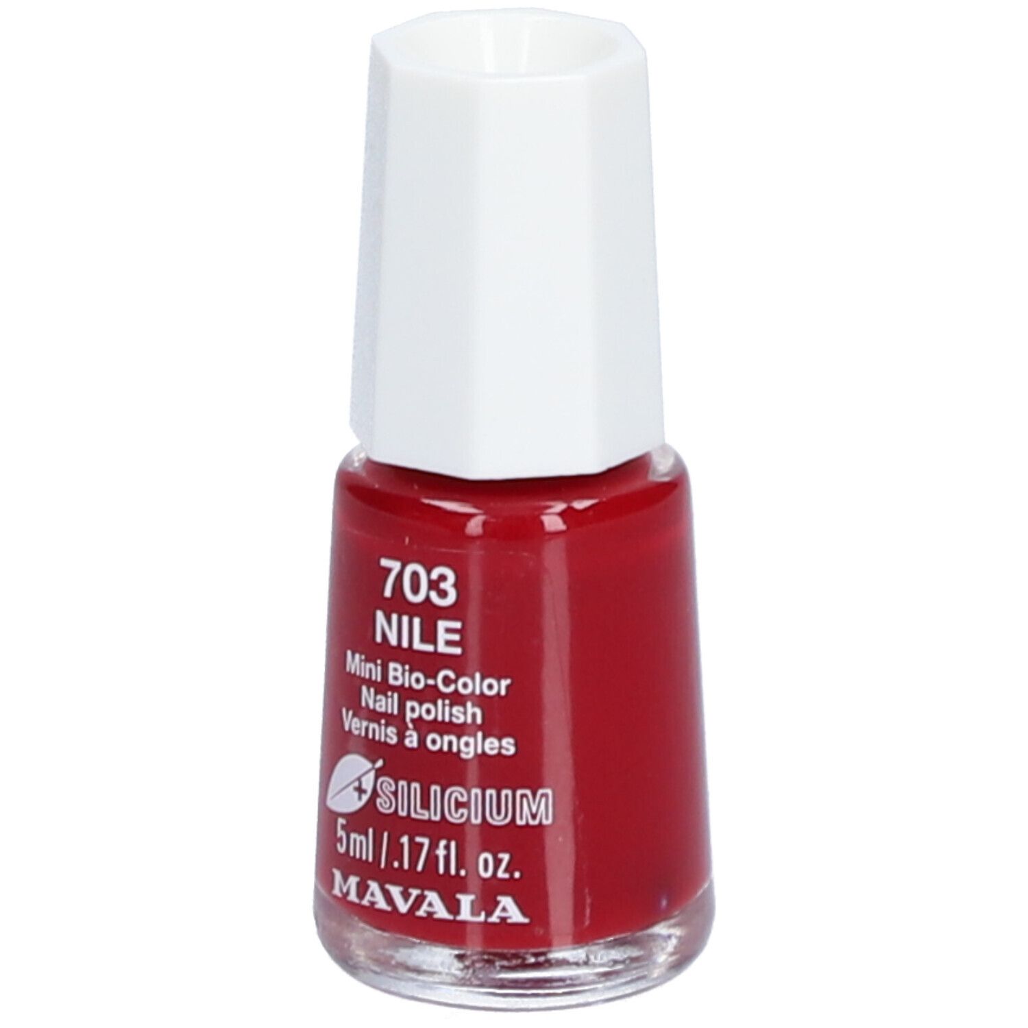 Flacon de vernis à ongles rouge avec bouchon blanc. Inscription : 703 NILE, Mini Bio-Color, 5ml, MAVALA.