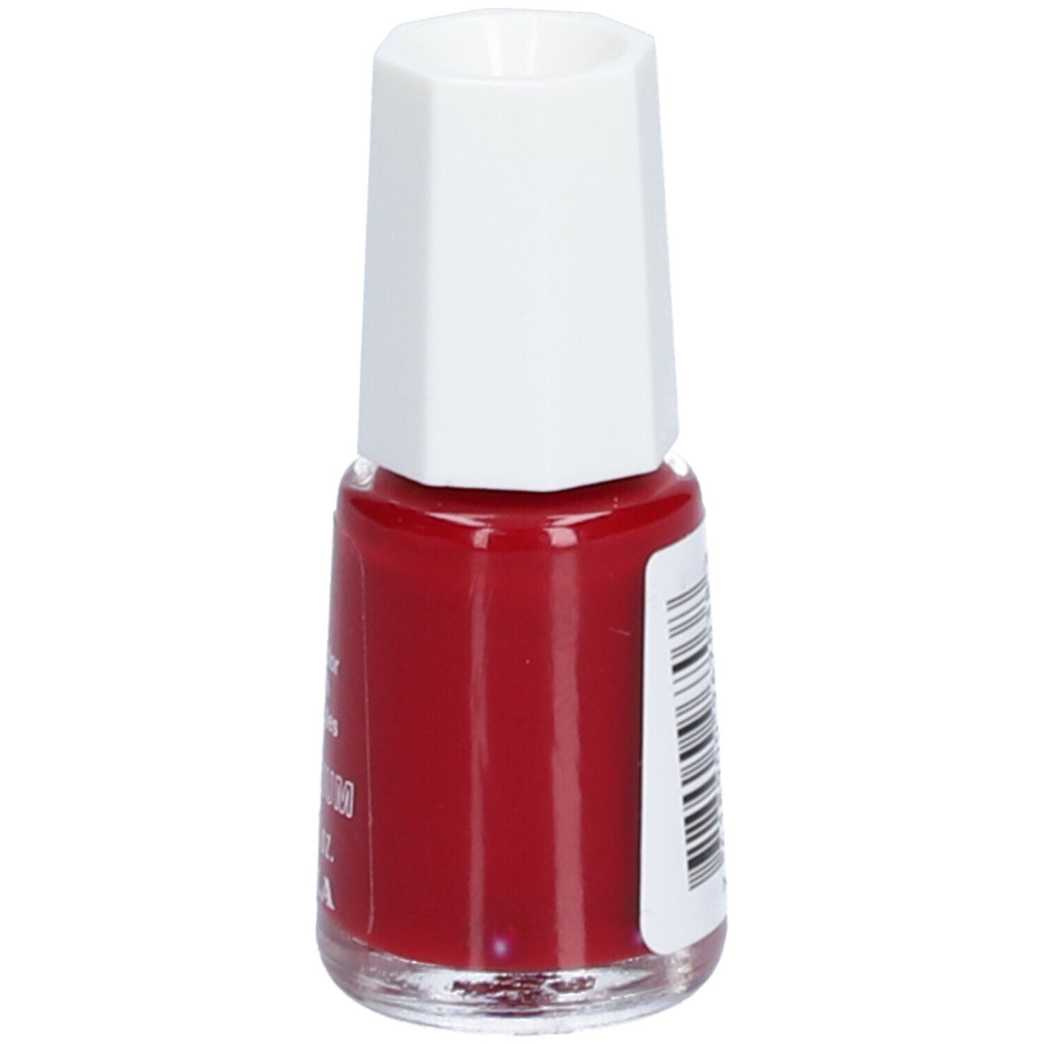 Flacon de vernis à ongles rouge avec bouchon blanc. Dos avec code-barres et texte.