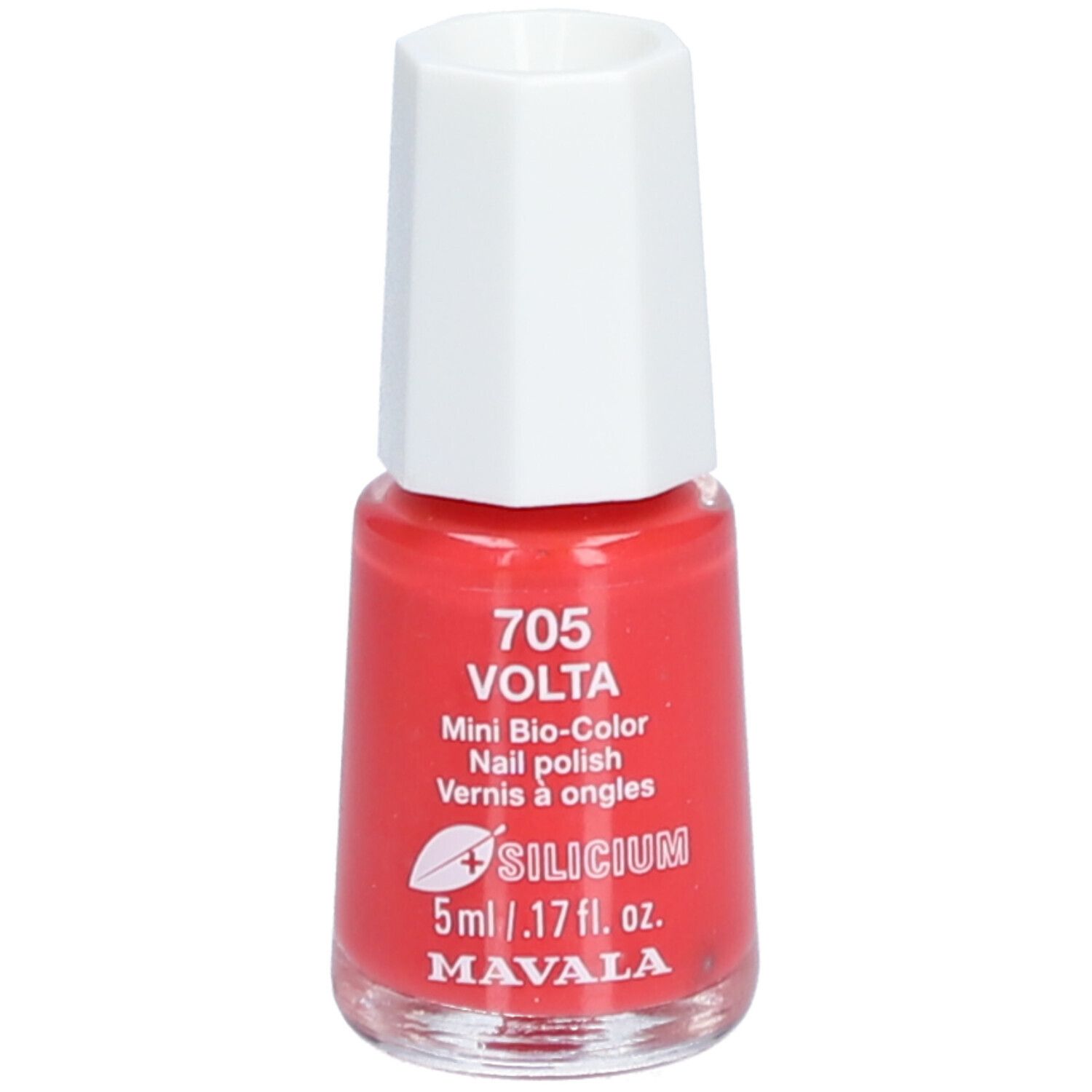 Roter Nagellackflakon mit weißem Deckel. Aufschrift: 705 VOLTA, Mini Bio-Color, Nail polish, Vernis à ongles, SILICIUM, 5ml/.17 fl. oz., MAVALA.