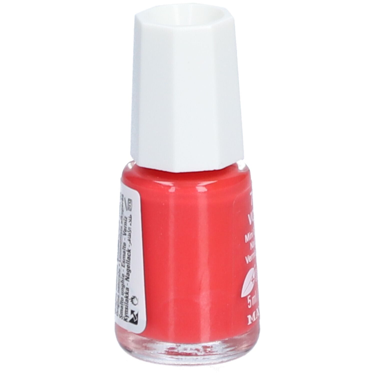 Roter Nagellackflakon mit weißem Deckel. Aufschrift: VOLTA, Mini Bio-Color, Nail polish, Vernis à ongles, 5ml, MAVALA. Etikett mit Text.