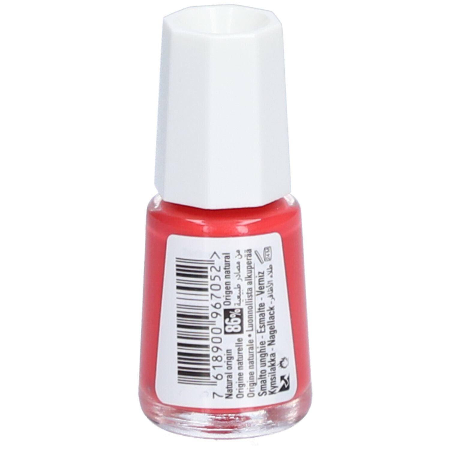Roter Nagellackflakon mit weißem Deckel. Aufschrift: VOLTA, Mini Bio-Color, Nail polish, Vernis à ongles. Barcode und Text auf Etikett.