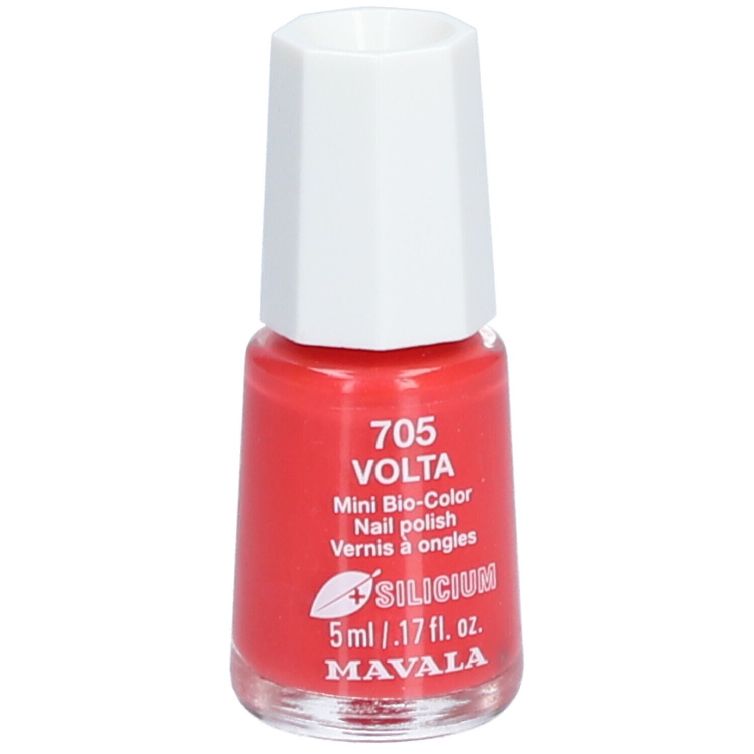 Roter Nagellackflakon mit weißem Deckel. Aufschrift: 705 VOLTA, Mini Bio-Color, Nail polish, Vernis à ongles, SILICIUM, 5ml/.17 fl. oz., MAVALA.