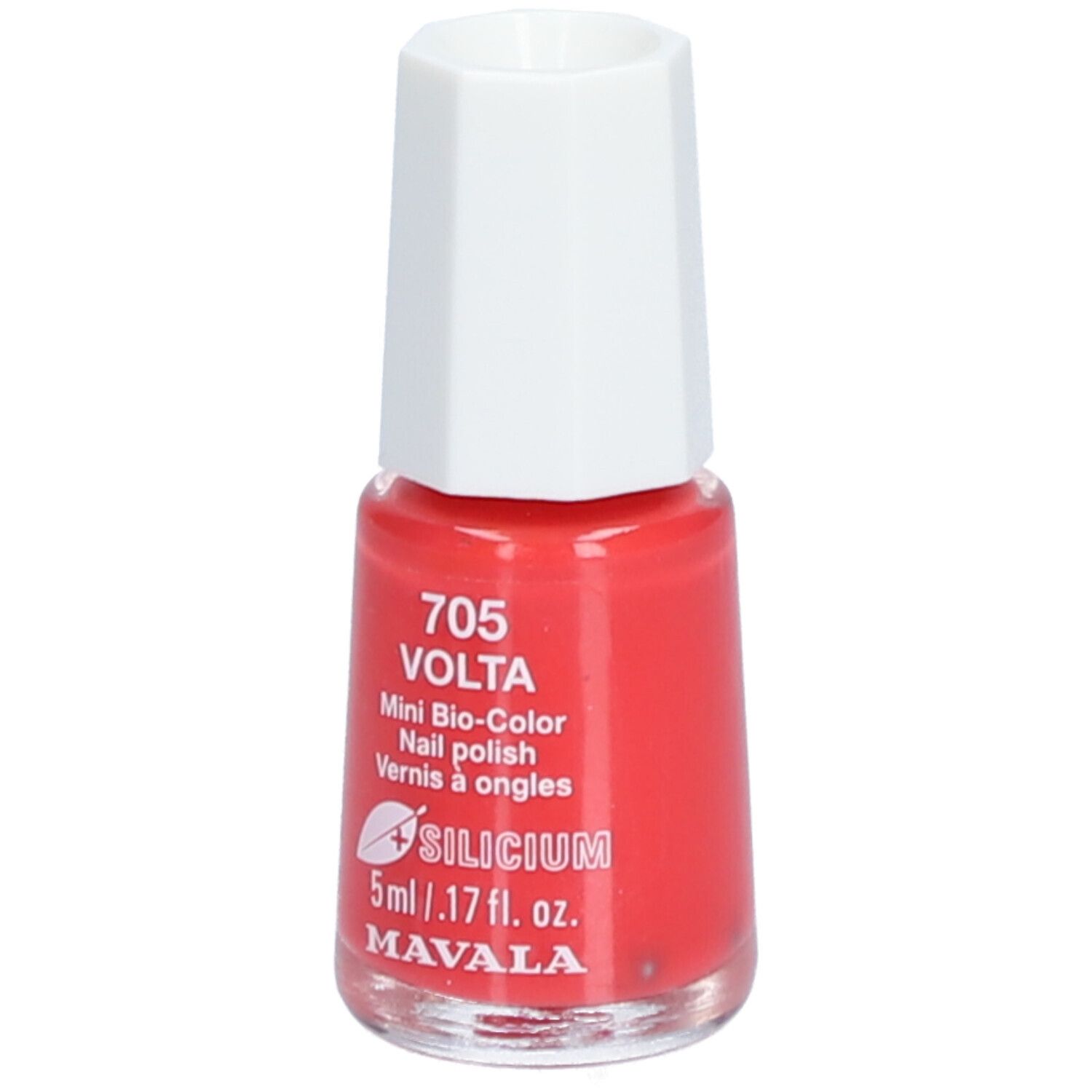 Roter Nagellackflakon mit weißem Deckel. Aufschrift: 705 VOLTA, Mini Bio-Color, Nail polish, Vernis à ongles, SILICIUM, 5ml/.17 fl. oz., MAVALA.