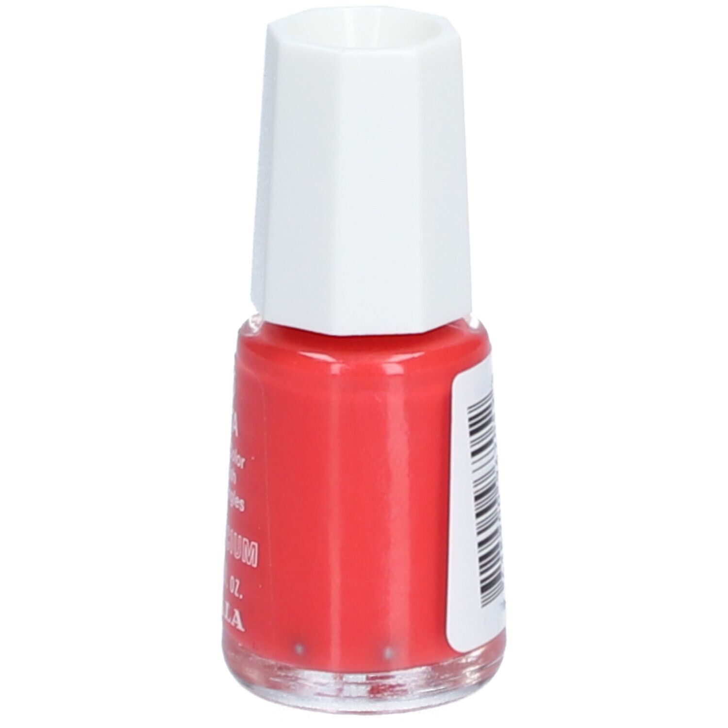 Roter Nagellackflakon mit weißem Deckel. Aufschrift: 705 VOLTA, Mini Bio-Color, Nail polish, Vernis à ongles, SILICIUM, 5ml/.17 fl. oz., MAVALA. Barcode.