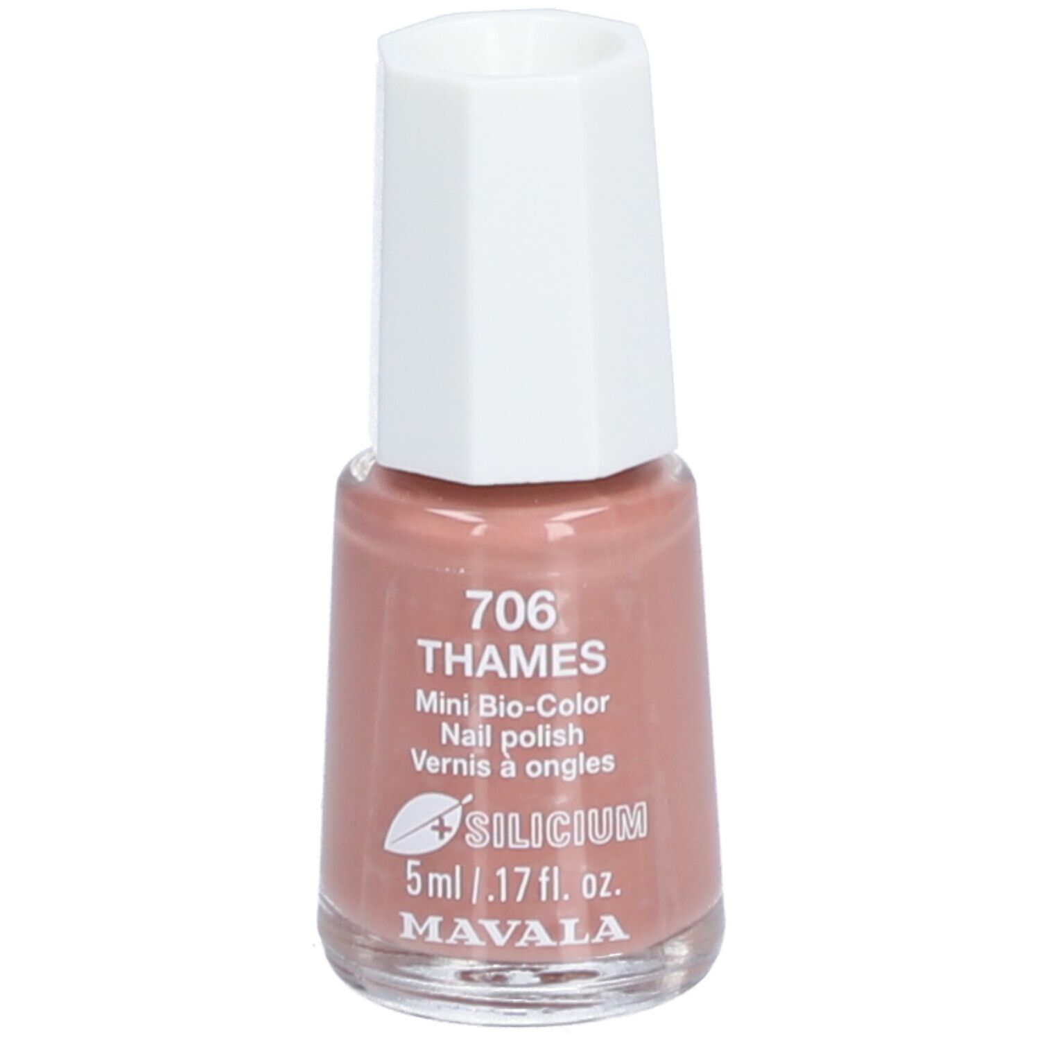 Nagellackflasche, rosa. Bezeichnung: 706 THAMES, Mini Bio-Color, Nail polish, Vernis à ongles. Marke: MAVALA.