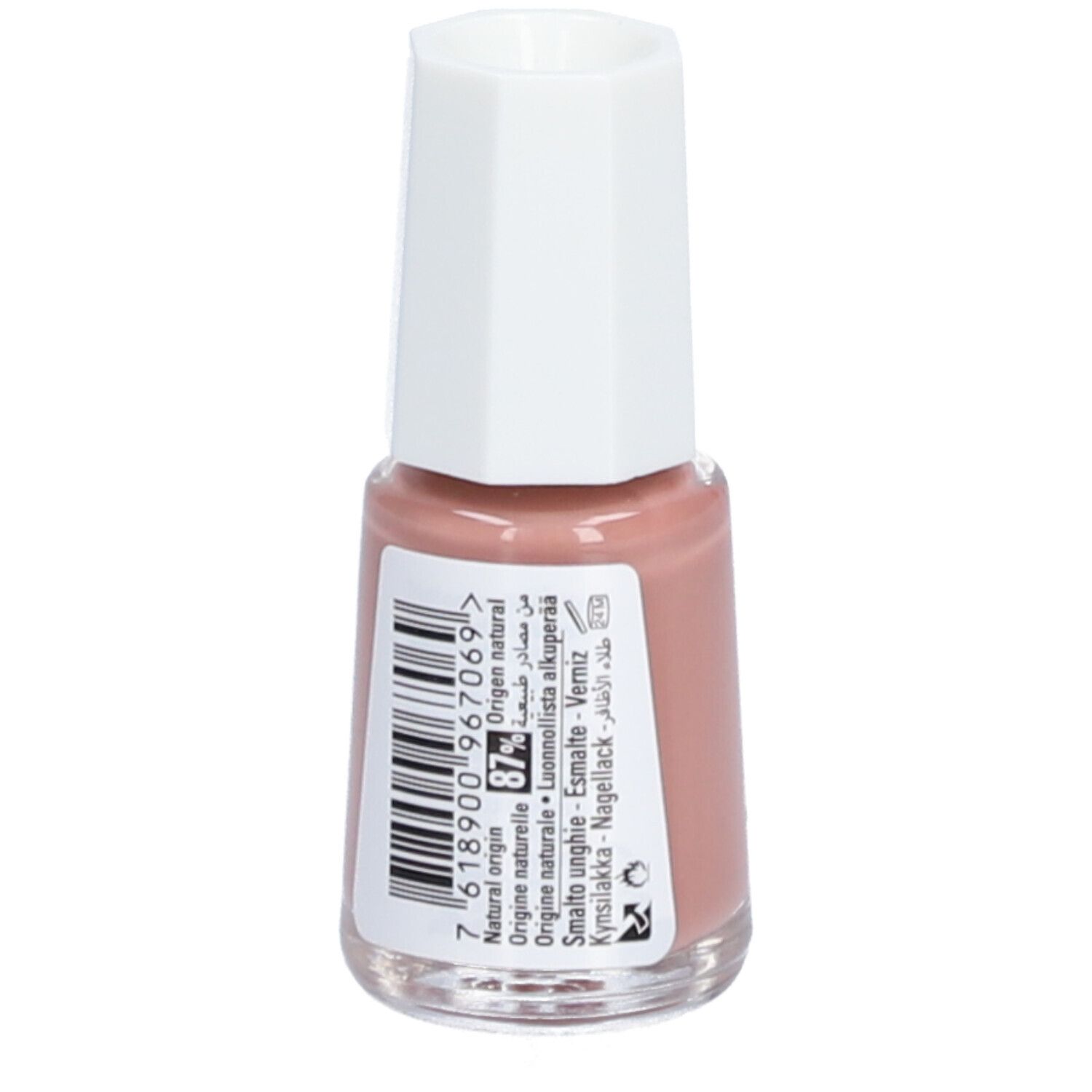 Nagellackflasche, rosa. Aufkleber mit Text und Barcode. Bezeichnung: Natural origin, Smalto unghie, Nagellack.