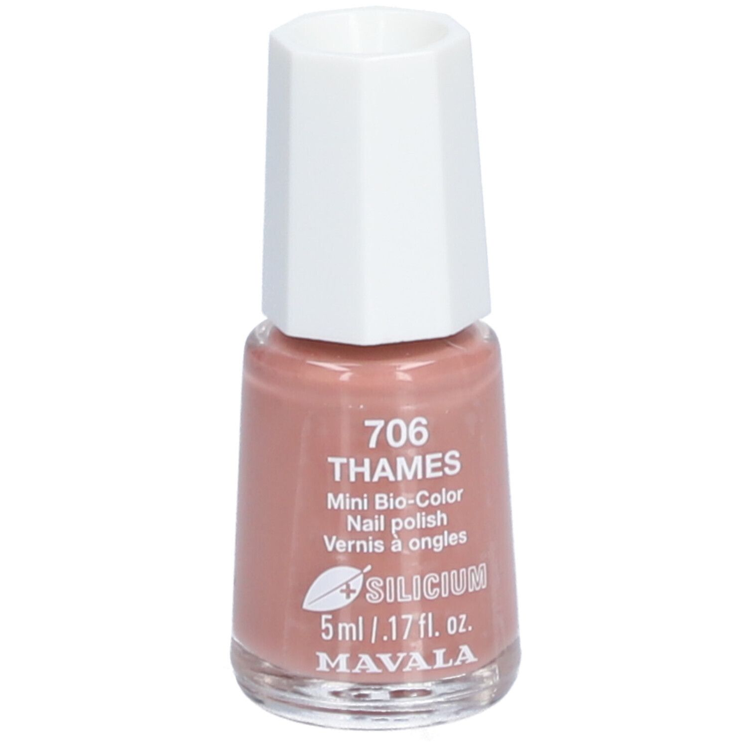 Nagellackflasche, rosa. Bezeichnung: 706 THAMES, Mini Bio-Color, Nail polish, Vernis à ongles. Marke: MAVALA.