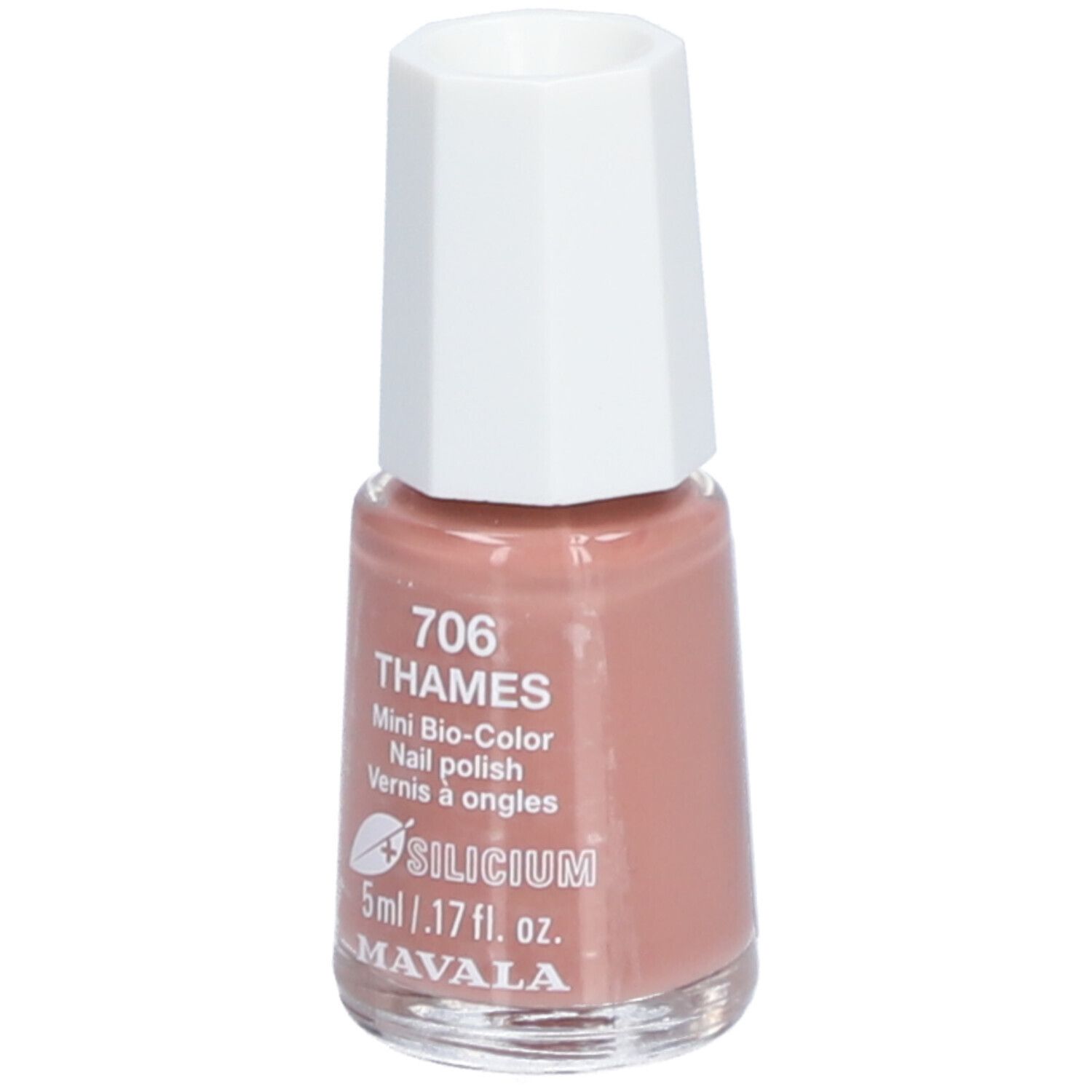 Nagellackflasche, rosa. Bezeichnung: 706 THAMES, Mini Bio-Color, Nail polish, Vernis à ongles. Marke: MAVALA.