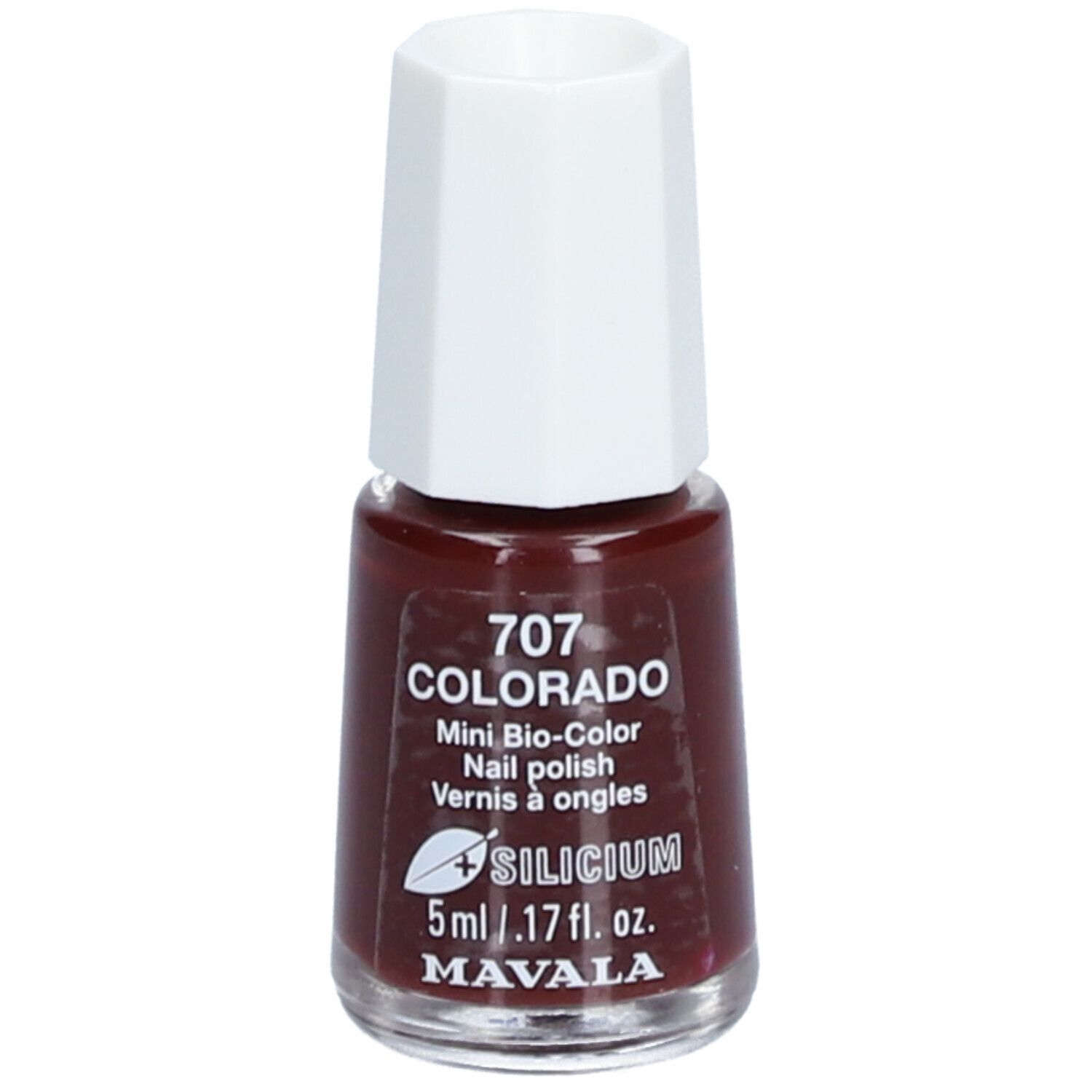 Flacon de vernis à ongles marron. Bouchon blanc. Inscription: 707 COLORADO, Mini Bio-Color, Nail polish, Vernis à ongles, SILICIUM, 5ml, MAVALA.