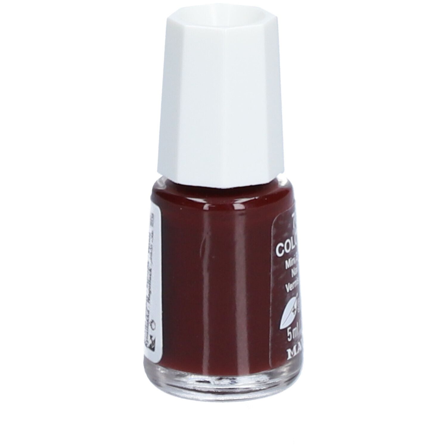 Flacon de vernis à ongles marron. Bouchon blanc. Étiquette latérale avec texte. MAVALA.