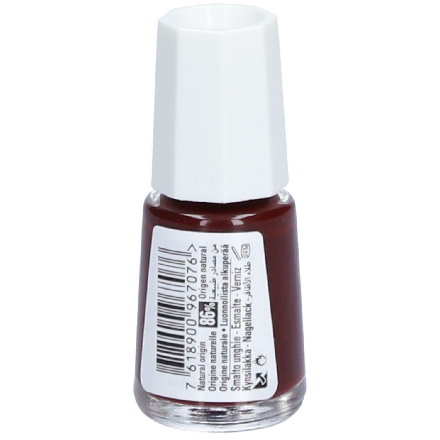 Flacon de vernis à ongles marron. Bouchon blanc. Étiquette latérale avec code-barres et texte. MAVALA.