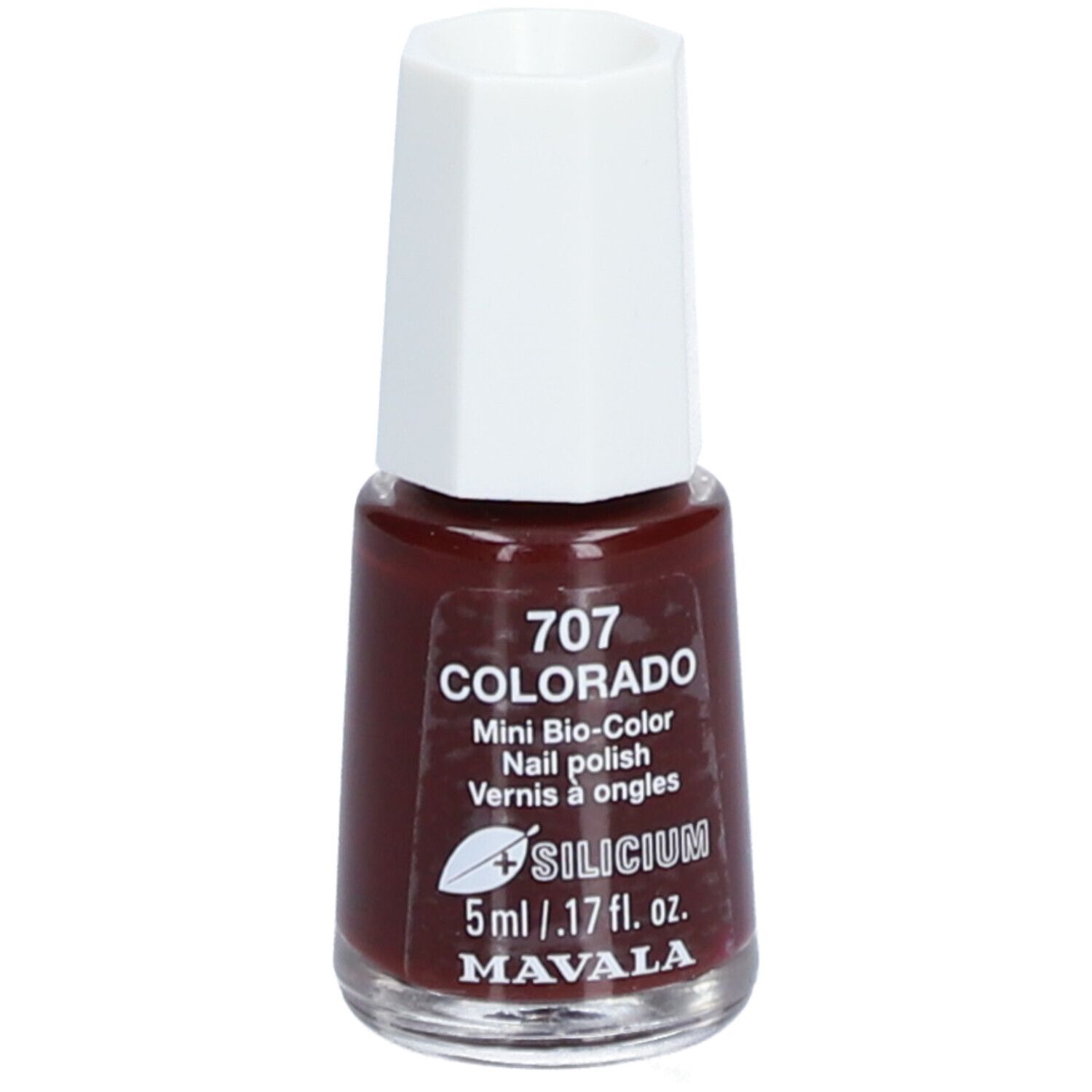 Flacon de vernis à ongles marron. Bouchon blanc. Inscription: 707 COLORADO, Mini Bio-Color, Nail polish, Vernis à ongles, SILICIUM, 5ml, MAVALA.