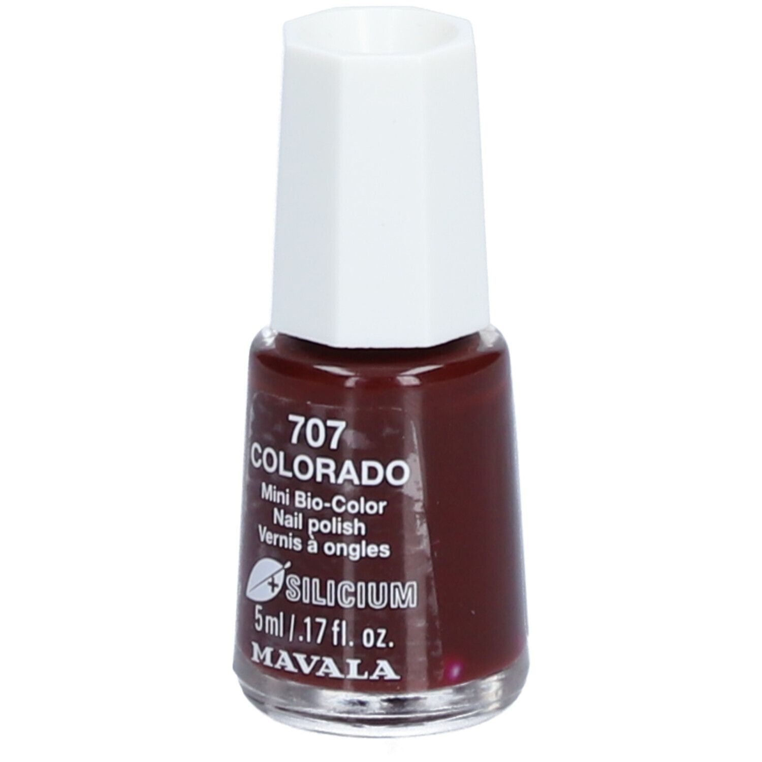 Flacon de vernis à ongles marron. Bouchon blanc. Inscription: 707 COLORADO, Mini Bio-Color, Nail polish, Vernis à ongles, SILICIUM, 5ml, MAVALA.