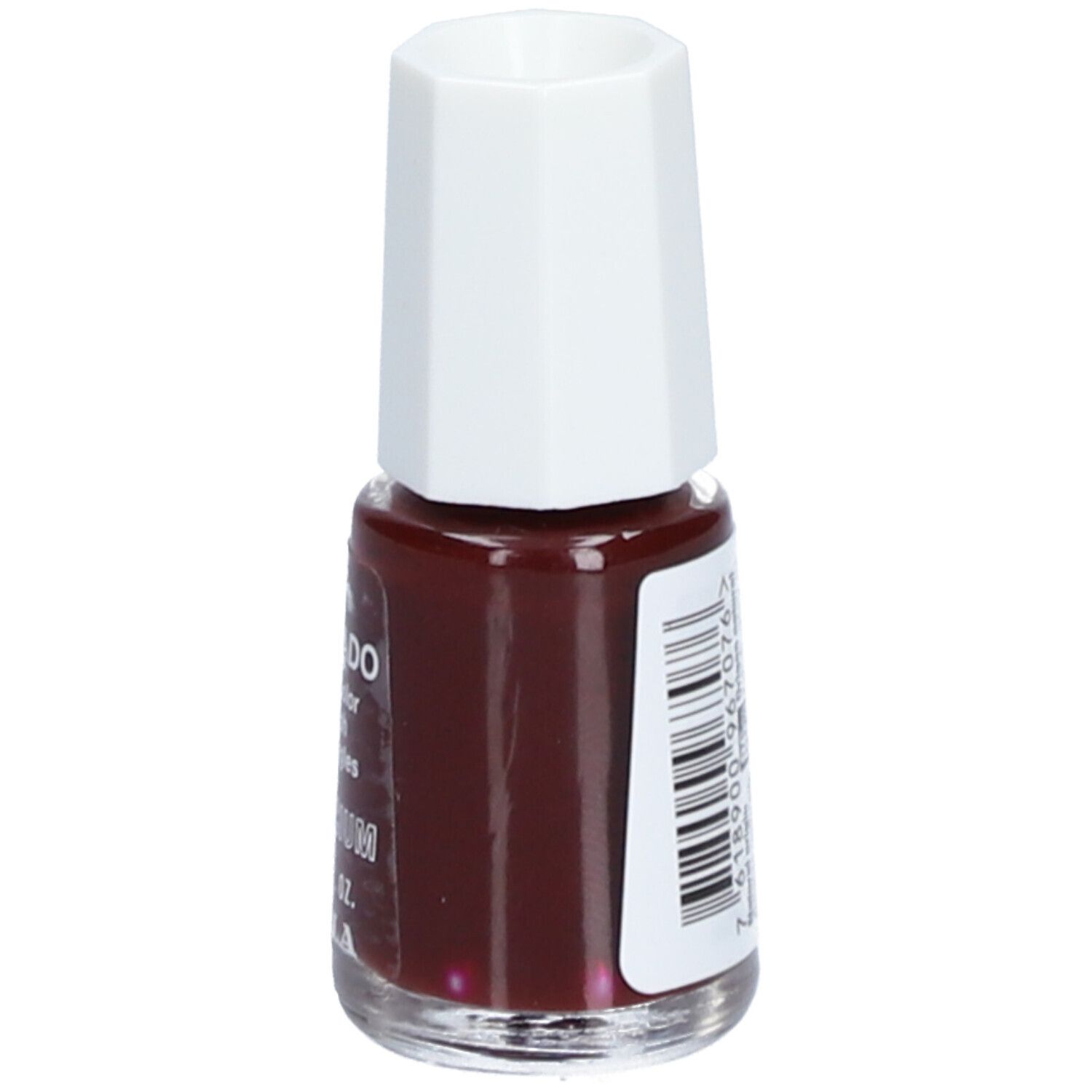 Flacon de vernis à ongles marron. Bouchon blanc. Étiquette latérale avec texte. MAVALA.