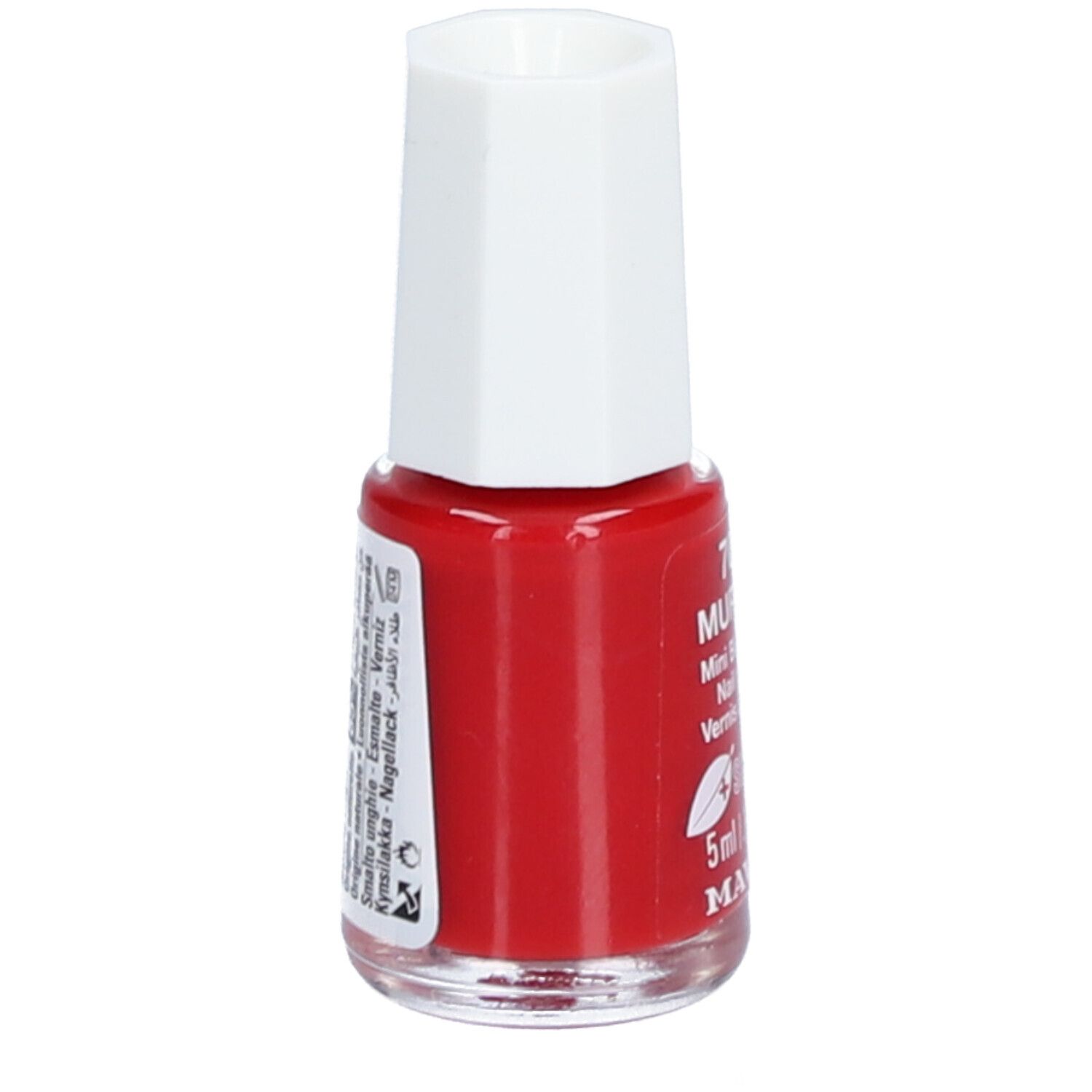 Flacon de vernis à ongles rouge avec bouchon blanc. Inscriptions: 708 MURRAY, Mini Bio-Color, Nail polish, Vernis à ongles, 5ml, MAVALA.
