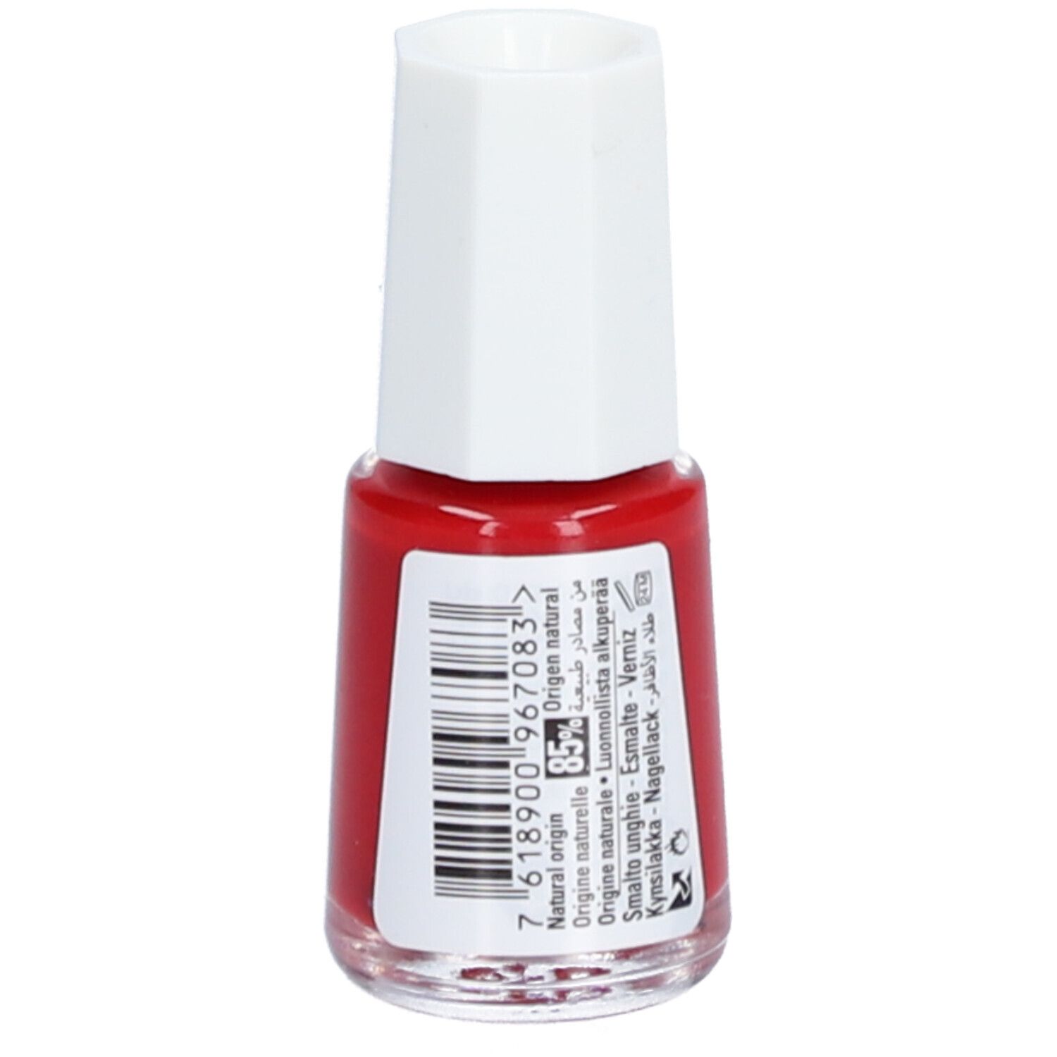 Flacon de vernis à ongles rouge avec bouchon blanc. Dos avec code-barres et texte: Origine naturelle, 85, Natural origin, etc.
