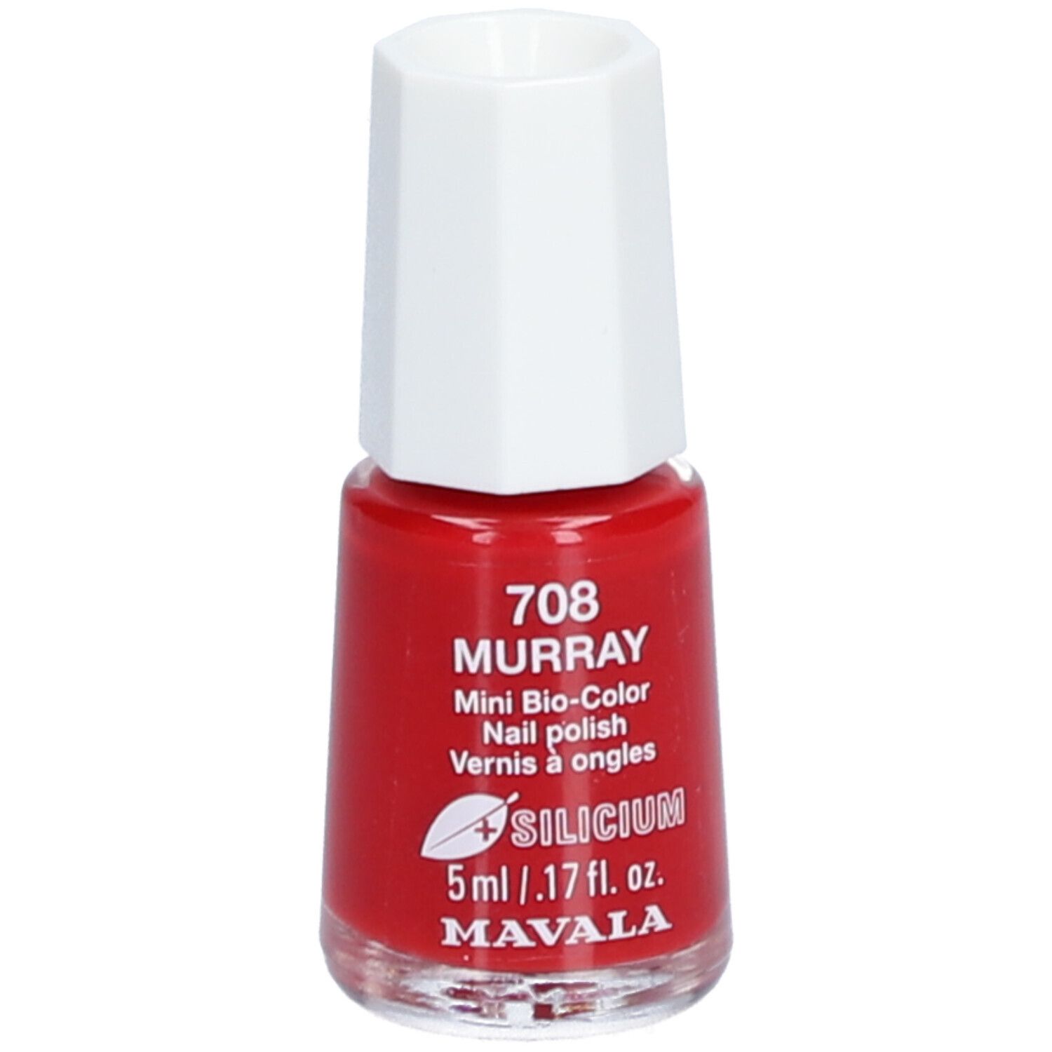 Flacon de vernis à ongles rouge avec bouchon blanc. Inscriptions: 708 MURRAY, Mini Bio-Color, Nail polish, Vernis à ongles, Silicium, 5ml, MAVALA.