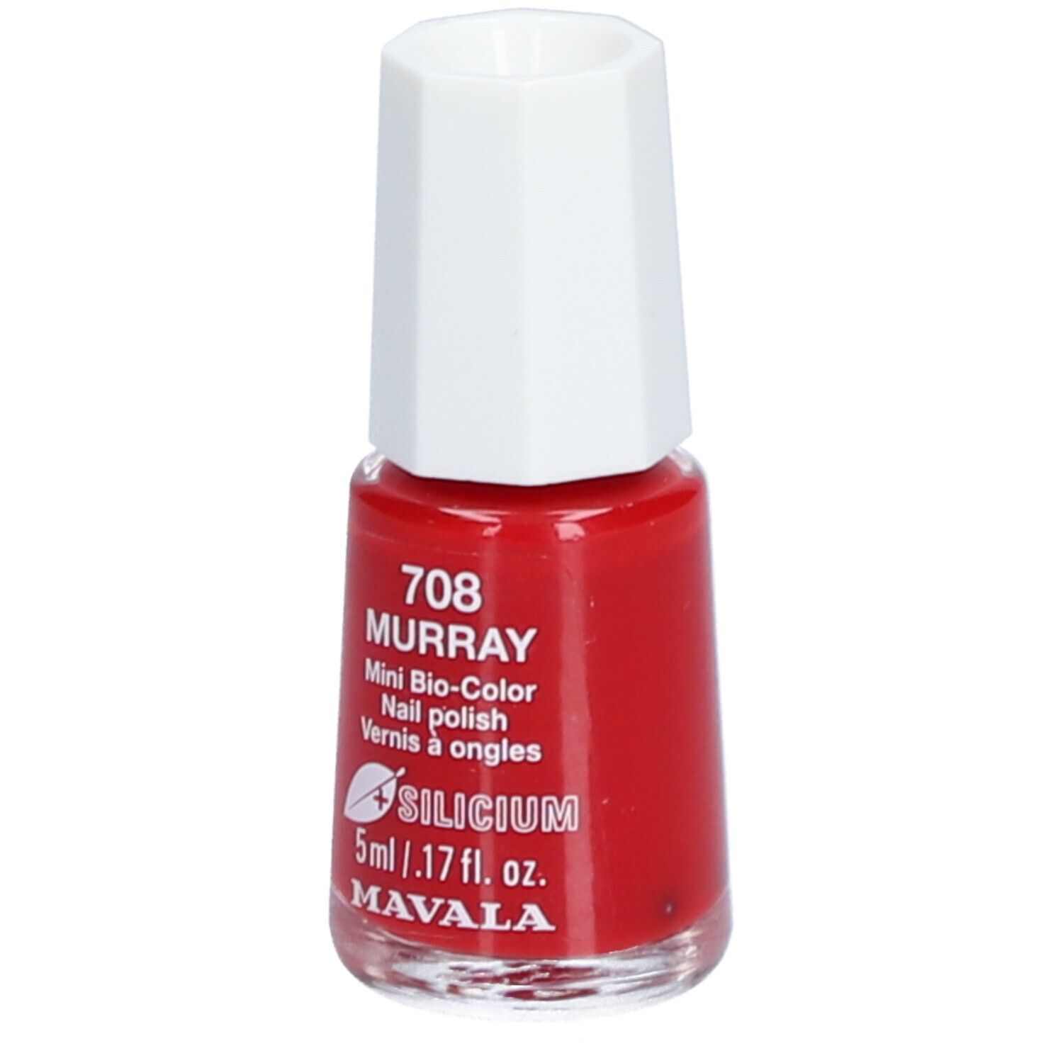Flacon de vernis à ongles rouge avec bouchon blanc. Inscriptions: 708 MURRAY, Mini Bio-Color, Nail polish, Vernis à ongles, Silicium, 5ml, MAVALA.