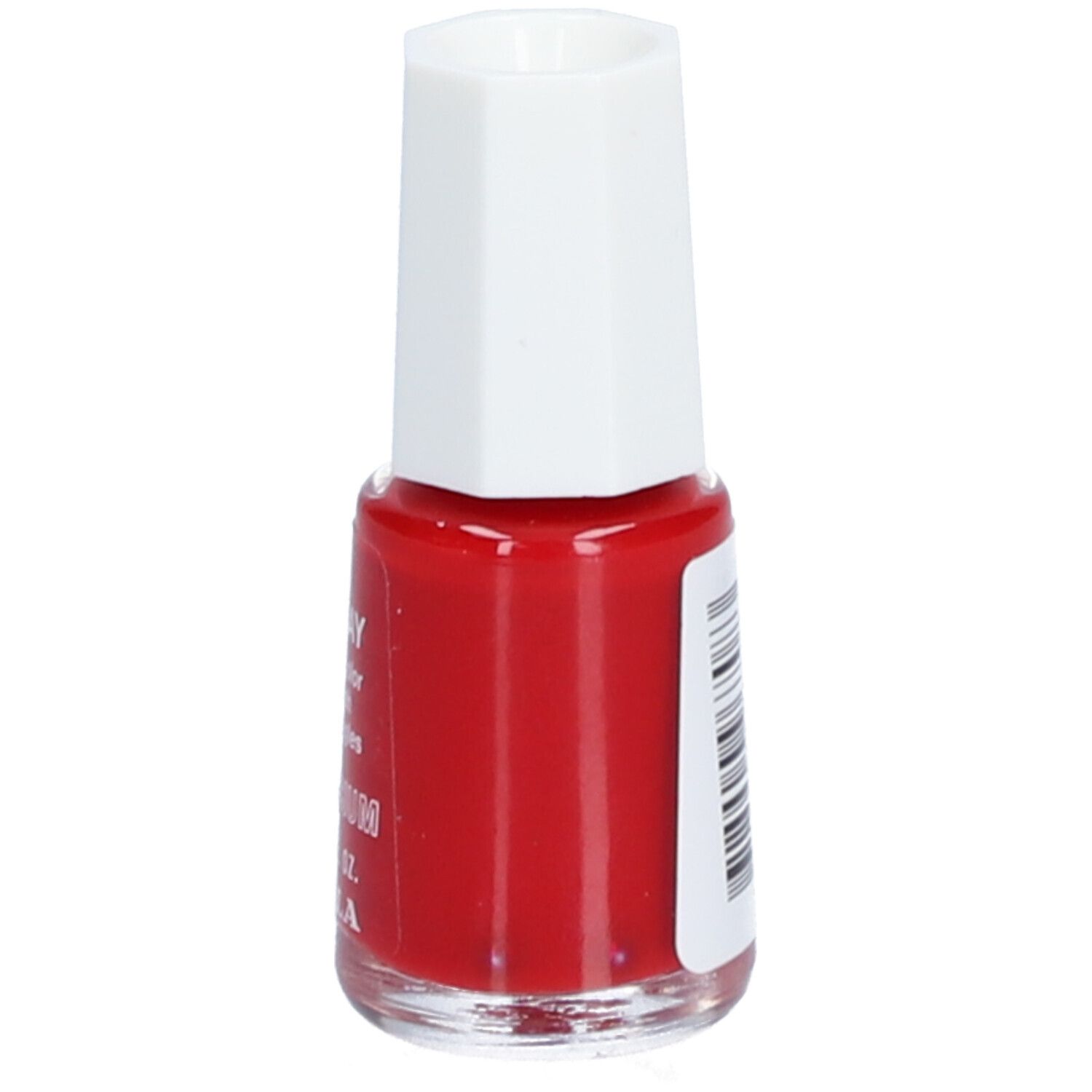 Flacon de vernis à ongles rouge avec bouchon blanc. Inscriptions: 708 MURRAY, Mini Bio-Color, Nail polish, Vernis à ongles, Silicium, 5ml, MAVALA.