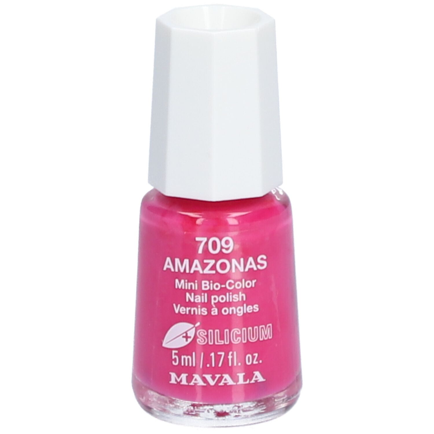 Flacon de vernis à ongles rose. Nom : 709 AMAZONAS. Mini Bio-Color. Silicium. 5ml. Marque : MAVALA. Bouchon blanc.