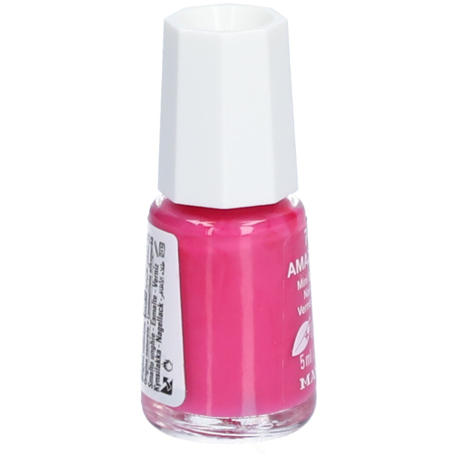 Flacon de vernis à ongles rose. Nom : AMAZONAS. Mini Bio-Color. 5ml. Marque : MAVALA. Bouchon blanc. Étiquette avec texte.