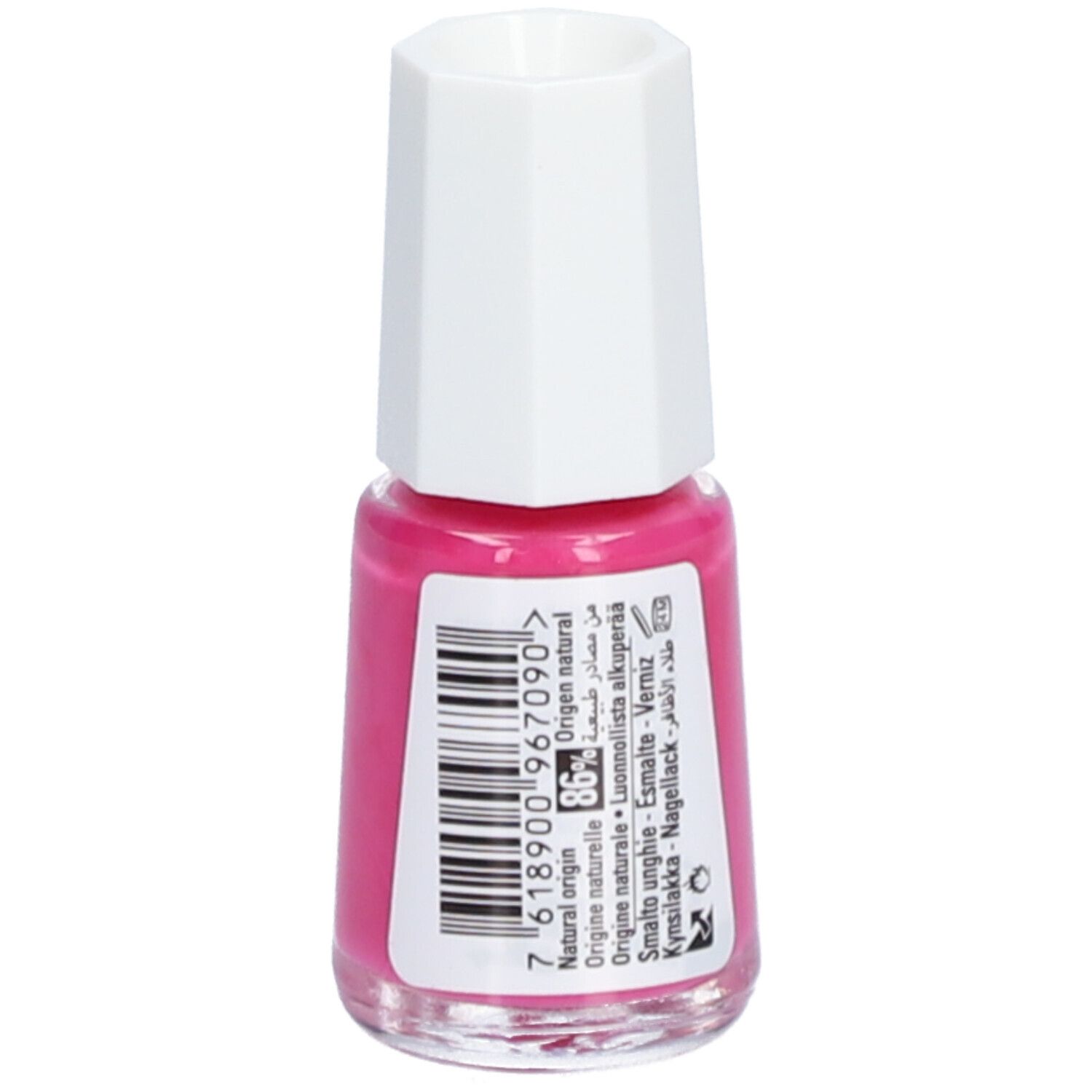Flacon de vernis à ongles rose. Nom : AMAZONAS. Mini Bio-Color. 5ml. Marque : MAVALA. Bouchon blanc. Étiquette avec texte.