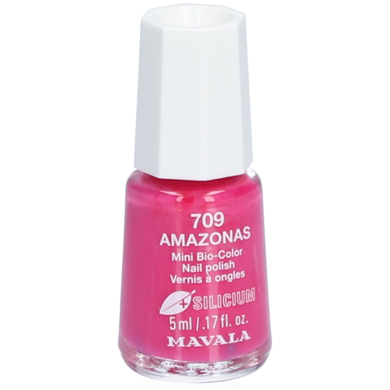 Flacon de vernis à ongles rose. Nom : 709 AMAZONAS. Mini Bio-Color. Silicium. 5ml. Marque : MAVALA. Bouchon blanc.