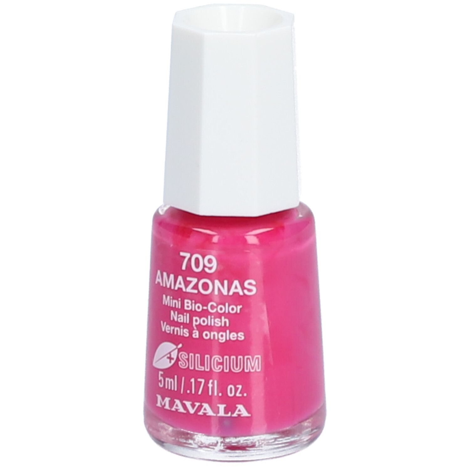Flacon de vernis à ongles rose. Nom : 709 AMAZONAS. Mini Bio-Color. Silicium. 5ml. Marque : MAVALA. Bouchon blanc.