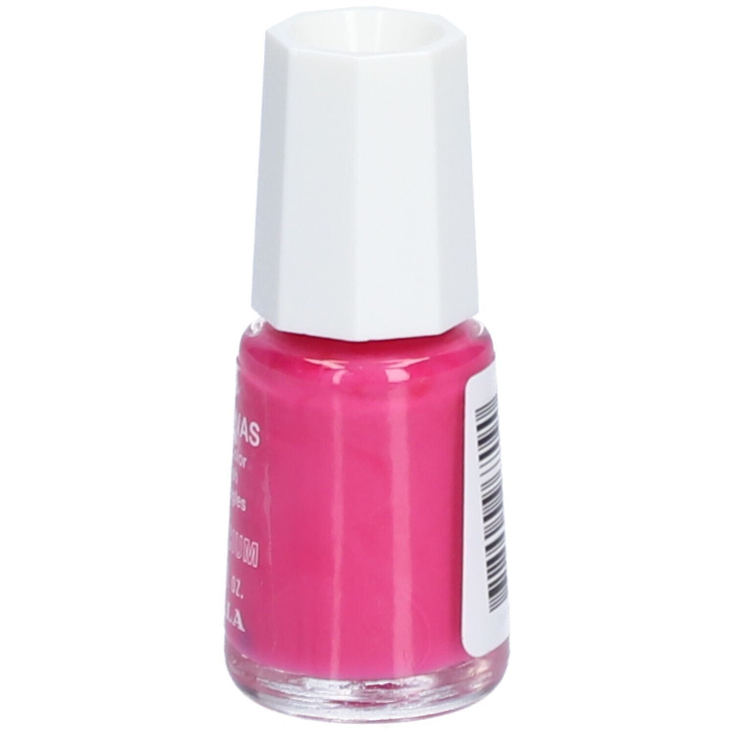 Flacon de vernis à ongles rose. Nom : AMAZONAS. Mini Bio-Color. 5ml. Marque : MAVALA. Bouchon blanc. Étiquette avec texte.