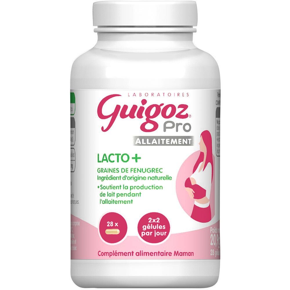 Flacon blanc Guigoz Pro Allaitement Lacto+. Ingrédients naturels. 28 gélules. Texte: Lacto+, Fenugrec, Complément alimentaire Maman.
