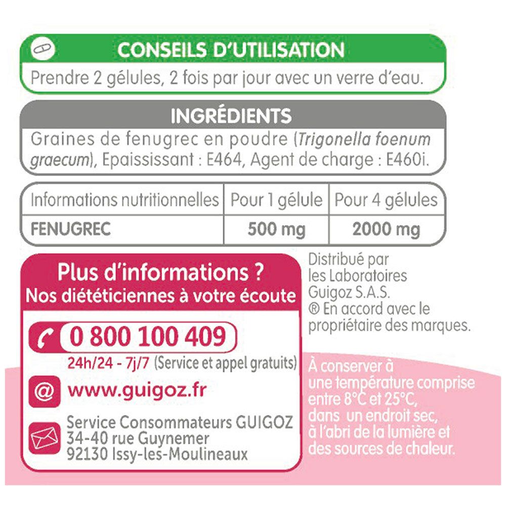 Dos du flacon. Texte: Conseils d'utilisation, Ingrédients, Fenugrec, Informations nutritionnelles, contact, précautions d'emploi.