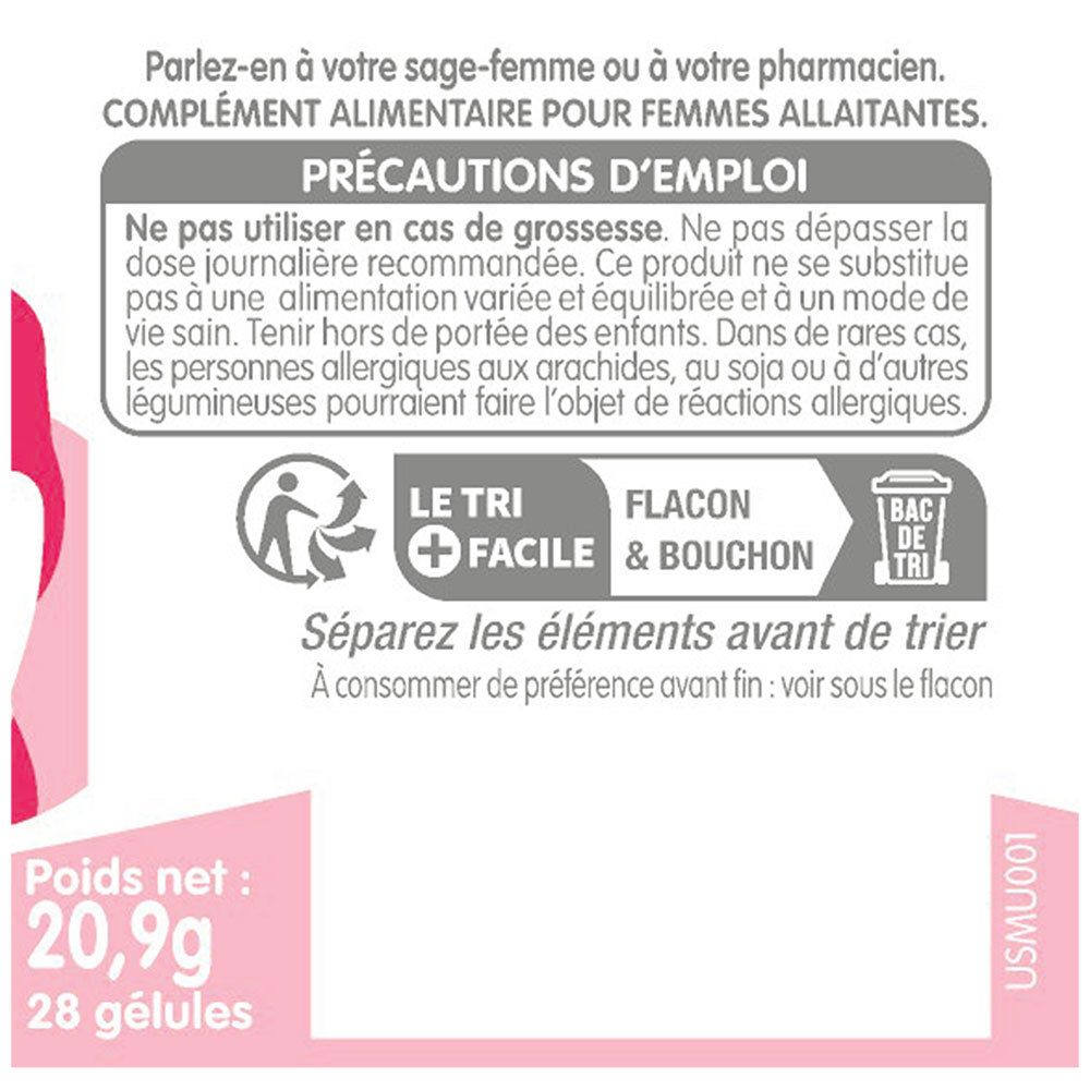 Dos du flacon. Texte: Poids net 20,9g, 28 gélules. Précautions d'emploi. Symboles de recyclage.