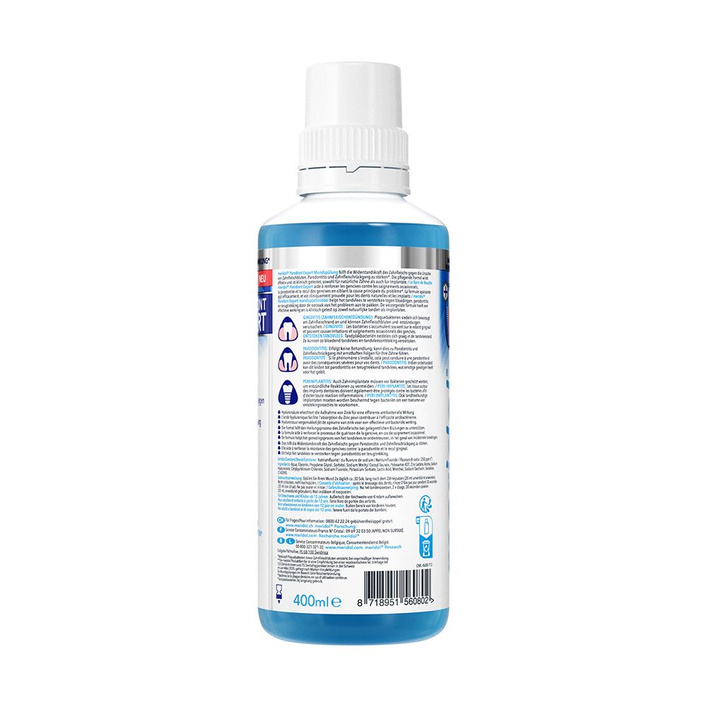 Rückseite der meridol® Parodont Expert Mundspülung. Text in mehreren Sprachen. 400ml Flasche.