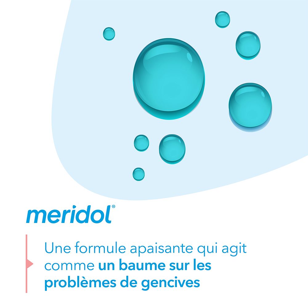 Grafik mit Wassertropfen. meridol® Logo und Text: Beruhigende Formel, wirkt wie Balsam auf Zahnfleischprobleme.