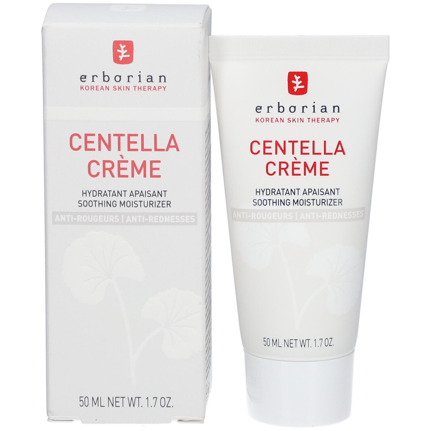 Produktverpackung mit Tube und Schachtel. Beide mit roter Schrift: erborian Centella Crème. 50 ml.