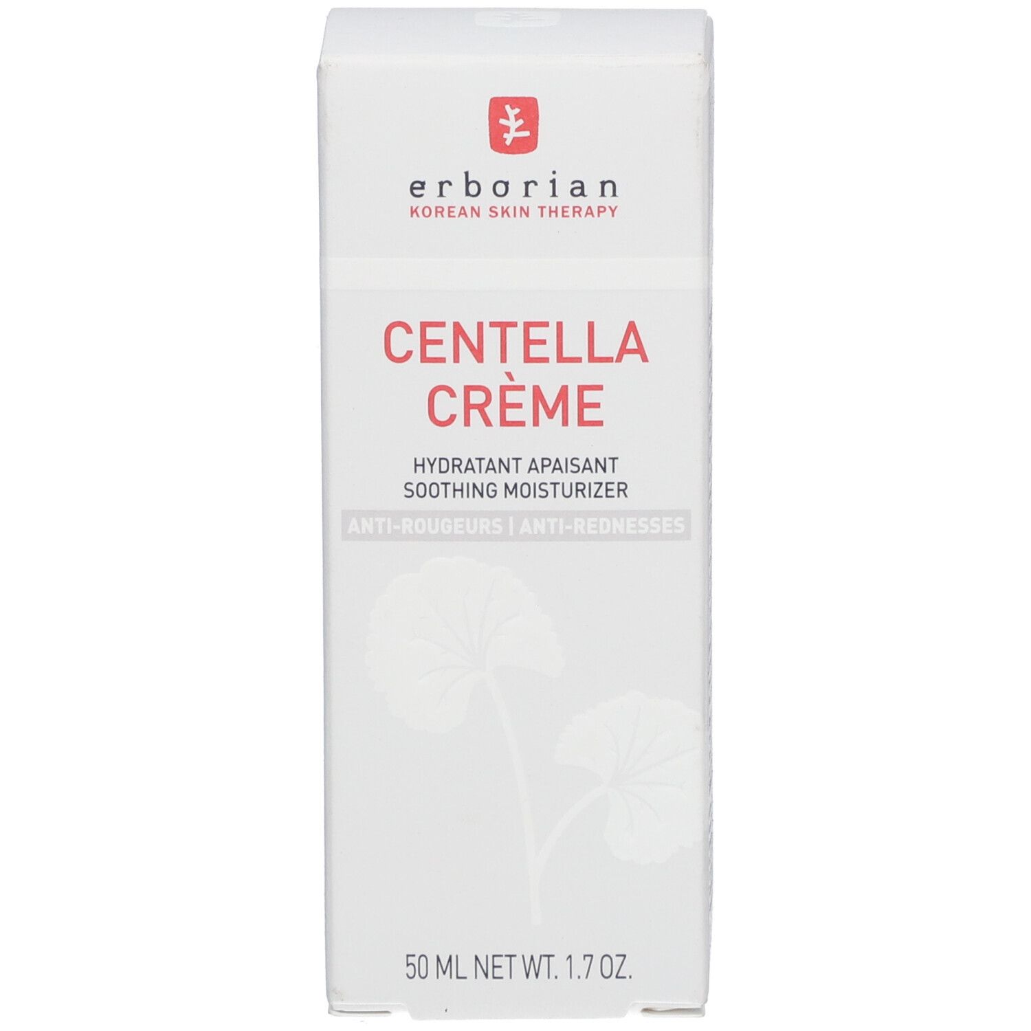 Weiße Schachtel mit roter Schrift: erborian Centella Crème. Hydratant apaisant, Soothing Moisturizer. 50 ml.