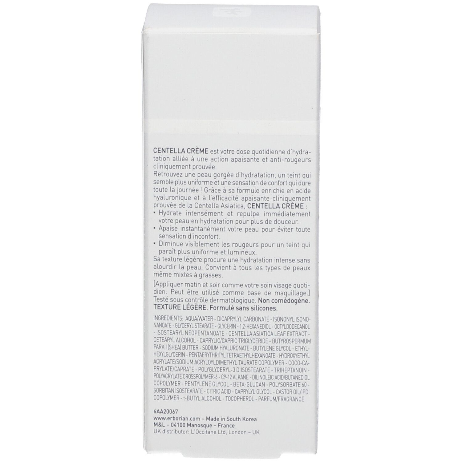 Rückseite der Schachtel. Text in mehreren Sprachen. Inhaltsstoffe und Herstellerinformationen.