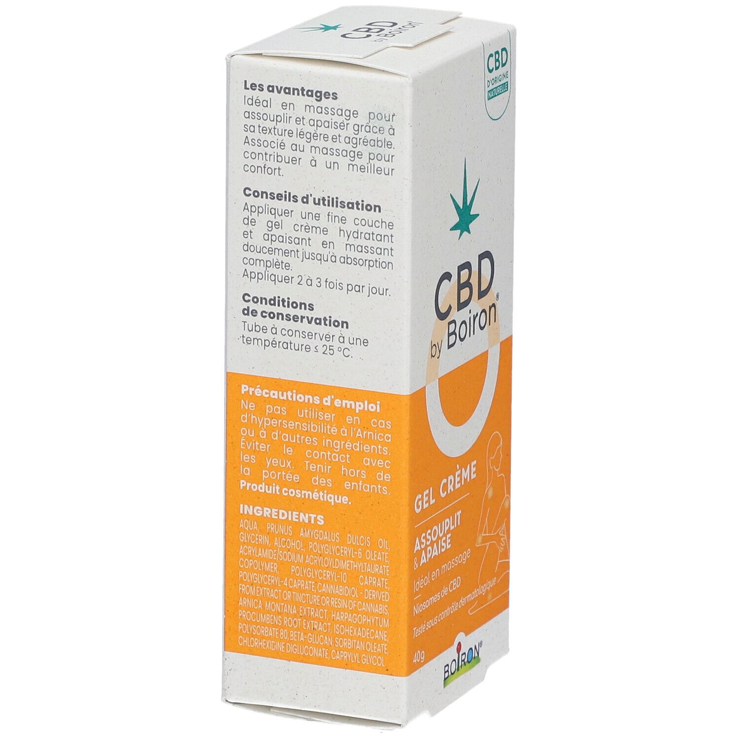 Achterkant van de verpakking van CBD by Boiron® Gel Crème. Tekst over voordelen, gebruik, ingrediënten en voorzorgsmaatregelen.