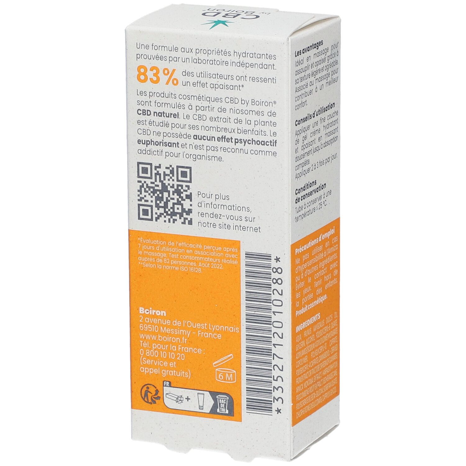 Zijkant van de verpakking van CBD by Boiron® Gel Crème. Tekst over ingrediënten, QR-code en contactgegevens.