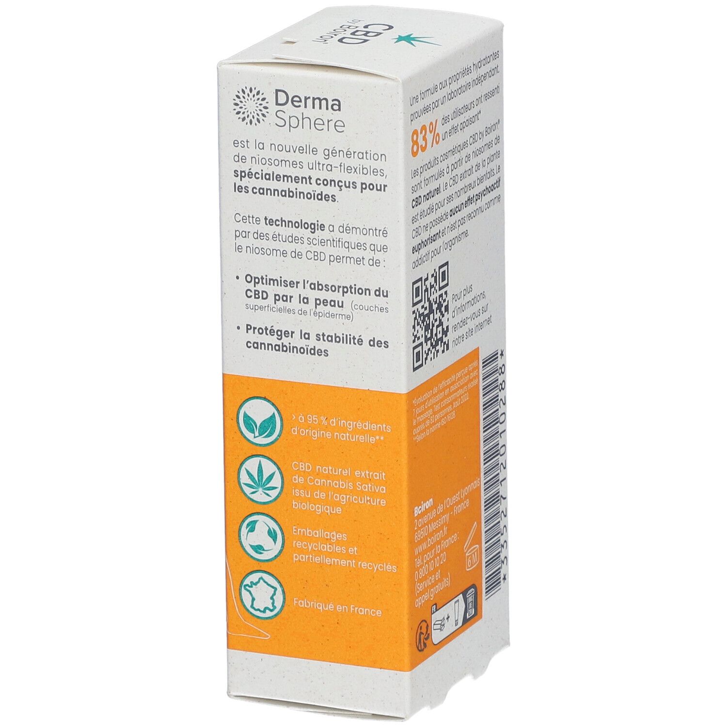 Zijkant van de verpakking van CBD by Boiron® Gel Crème. Tekst over Derma Sphere technologie en ingrediënten.