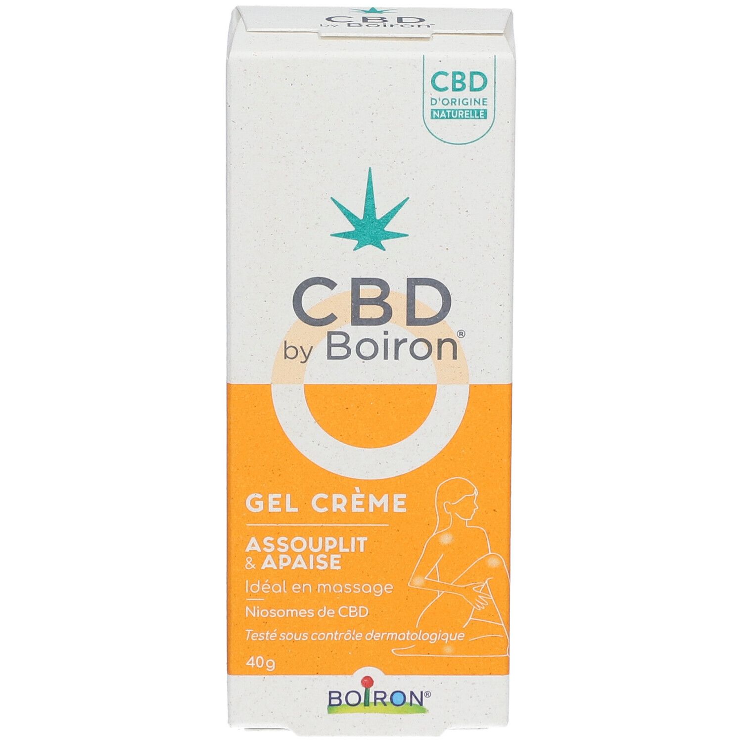 Voorkant van de verpakking van CBD by Boiron® Gel Crème. Productnaam, logo en tekst: ASSOUPLIT & APAISE.