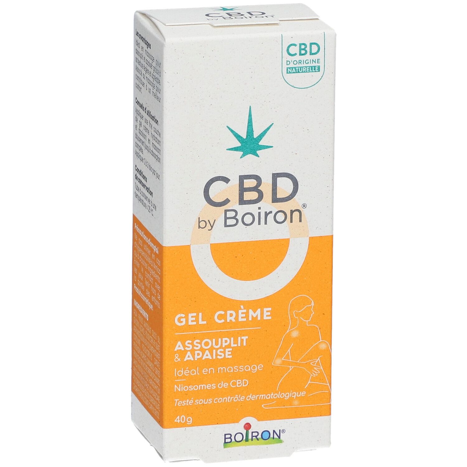 Voorkant van de verpakking van CBD by Boiron® Gel Crème. Productnaam, logo en tekst: ASSOUPLIT & APAISE.