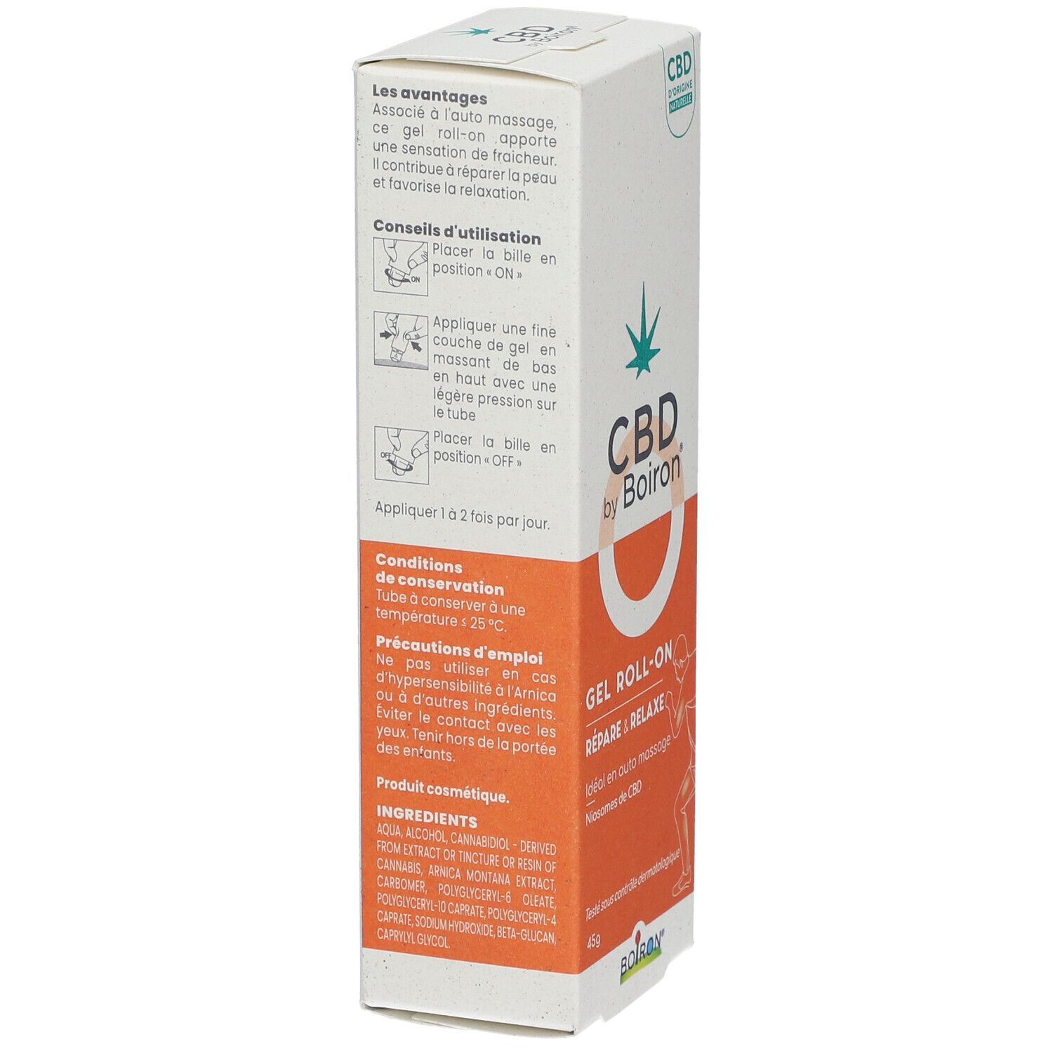 Seitenansicht der CBD by Boiron® Gel Roll-on Verpackung. Enthält Informationen zur Anwendung, Inhaltsstoffe und Lagerung.
