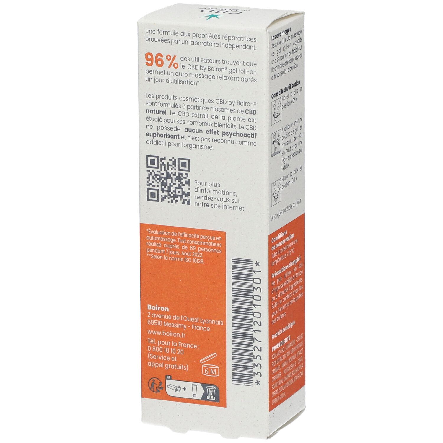 Rückseite der CBD by Boiron® Gel Roll-on Verpackung. Enthält Informationen zur Wirksamkeit, QR-Code und Herstelleradresse.