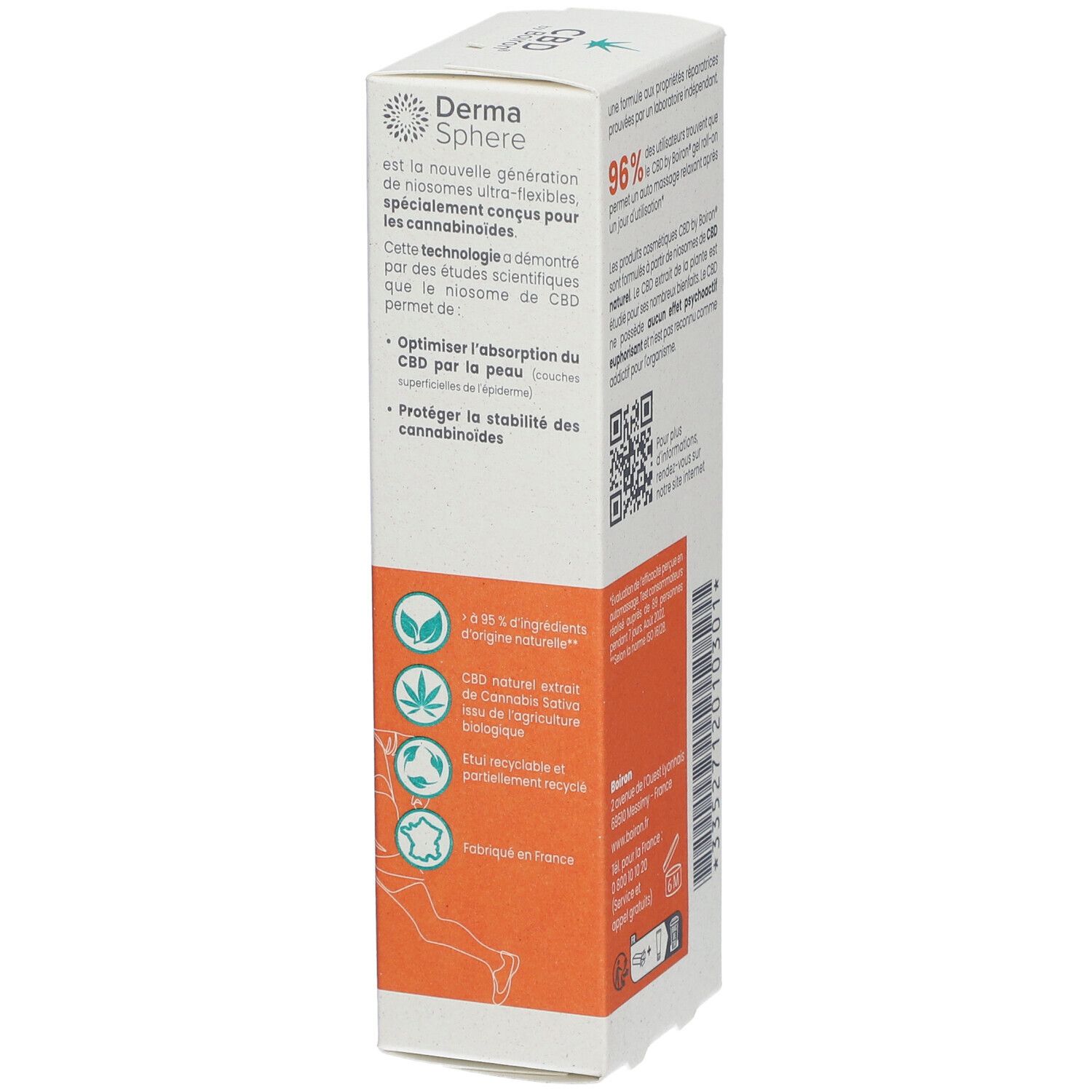 Detailansicht der CBD by Boiron® Gel Roll-on Verpackung. Zeigt Informationen über die Derma Sphere Technologie und Inhaltsstoffe.