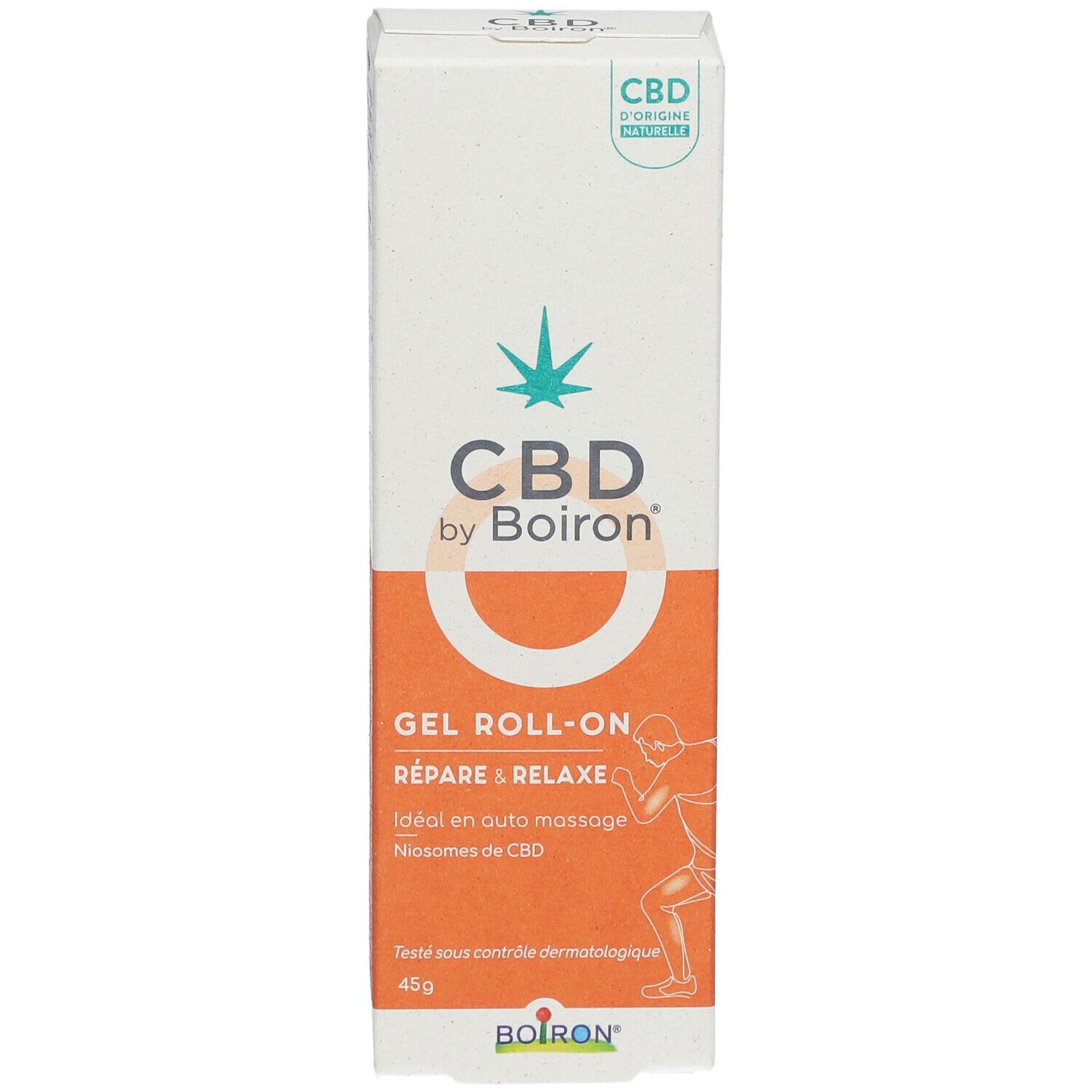Vorderansicht der CBD by Boiron® Gel Roll-on Verpackung. Zeigt Produktname, Logo und eine Abbildung eines Läufers.