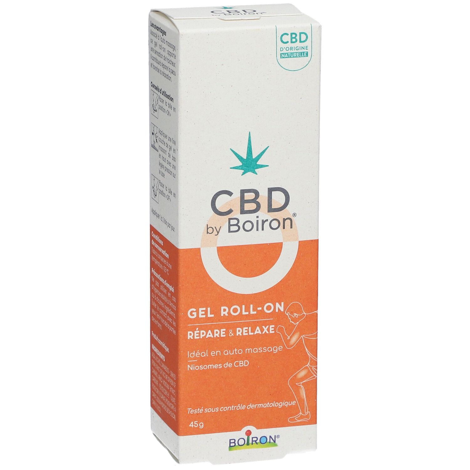 Schrägansicht der CBD by Boiron® Gel Roll-on Verpackung. Zeigt Produktname, Logo und orangefarbenen Bereich mit Text.